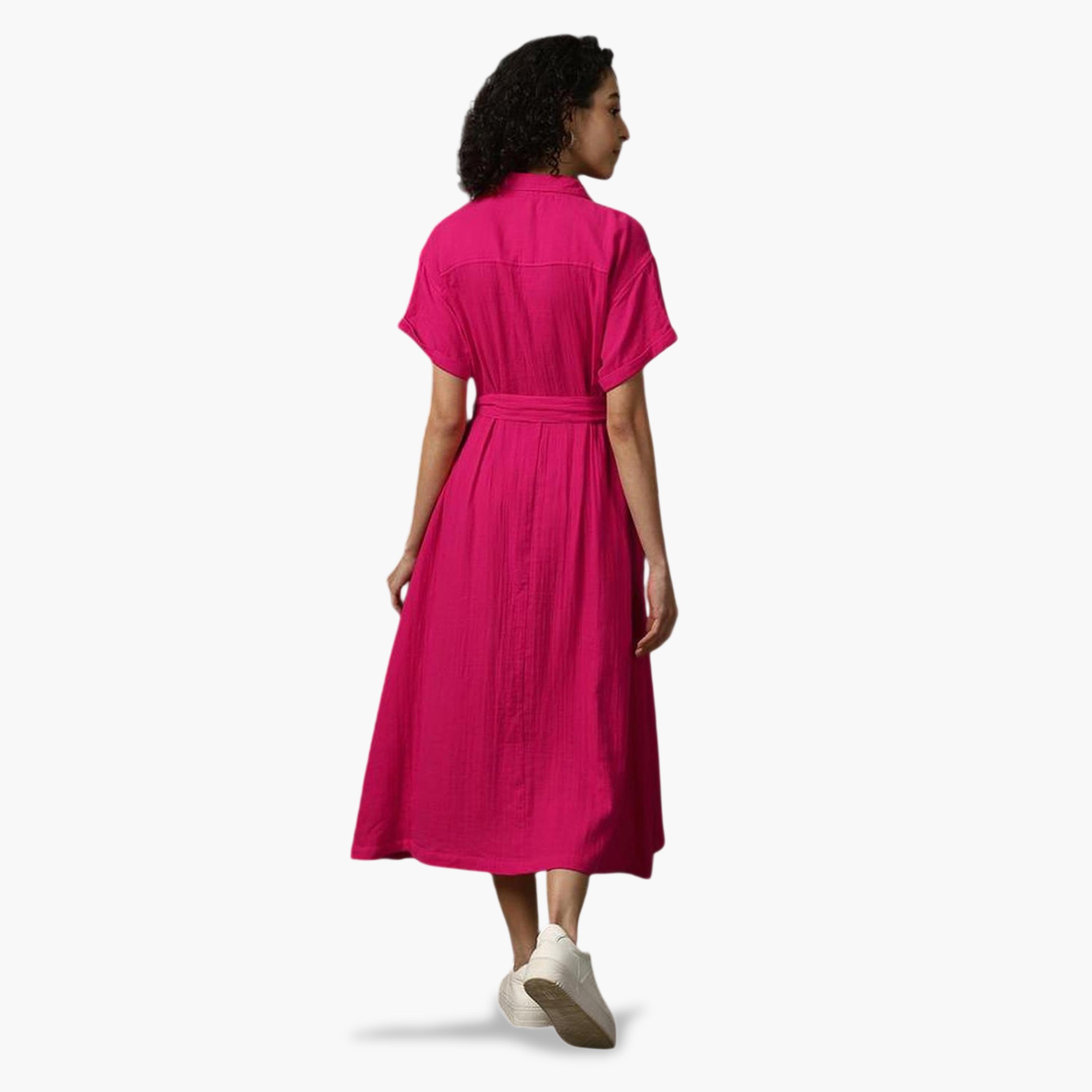 High Star X Styli Pink 100% Cotton Solid Buttoned Midi Dress-women-clothing-dresses-image-4