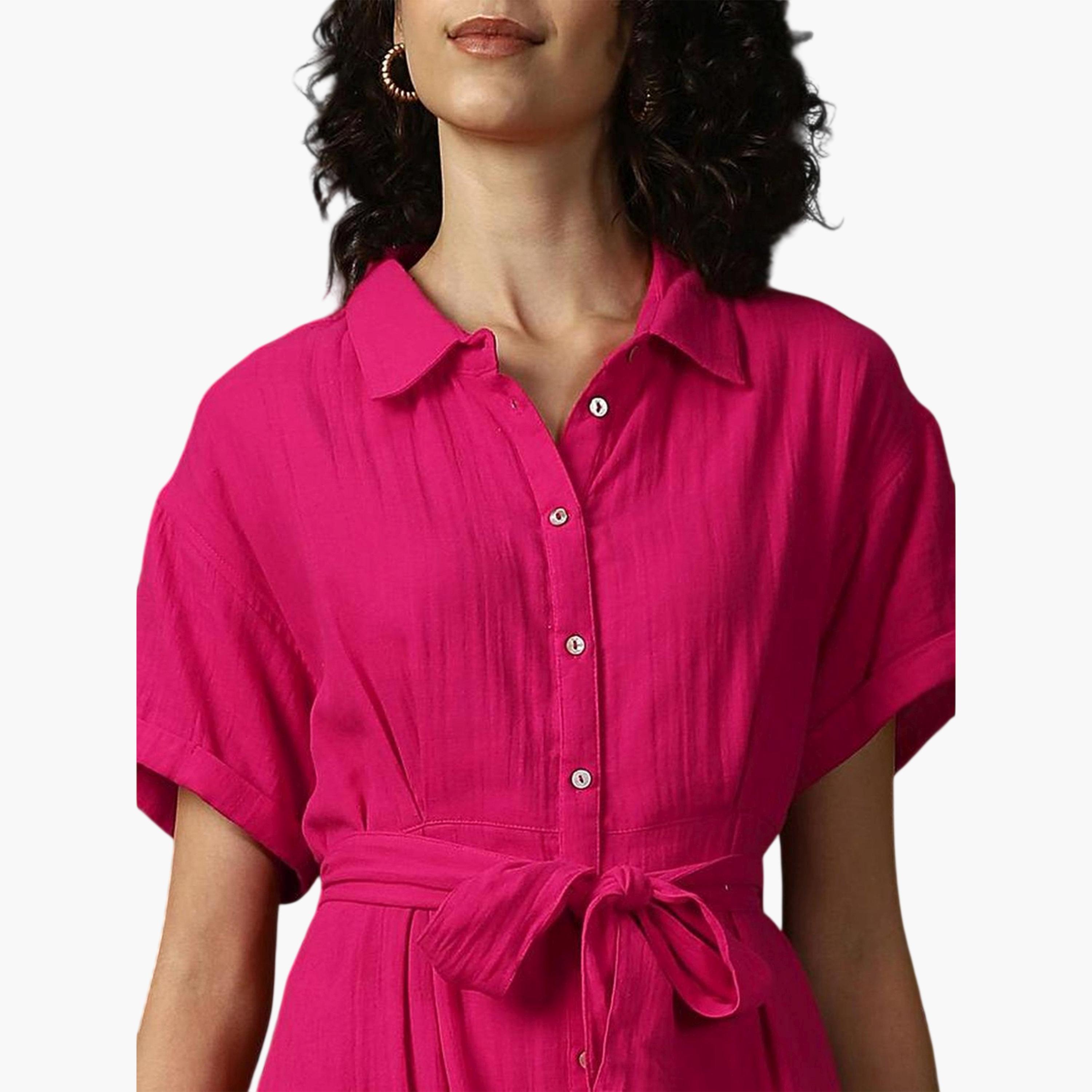 High Star X Styli Pink 100% Cotton Solid Buttoned Midi Dress-women-clothing-dresses-image-5