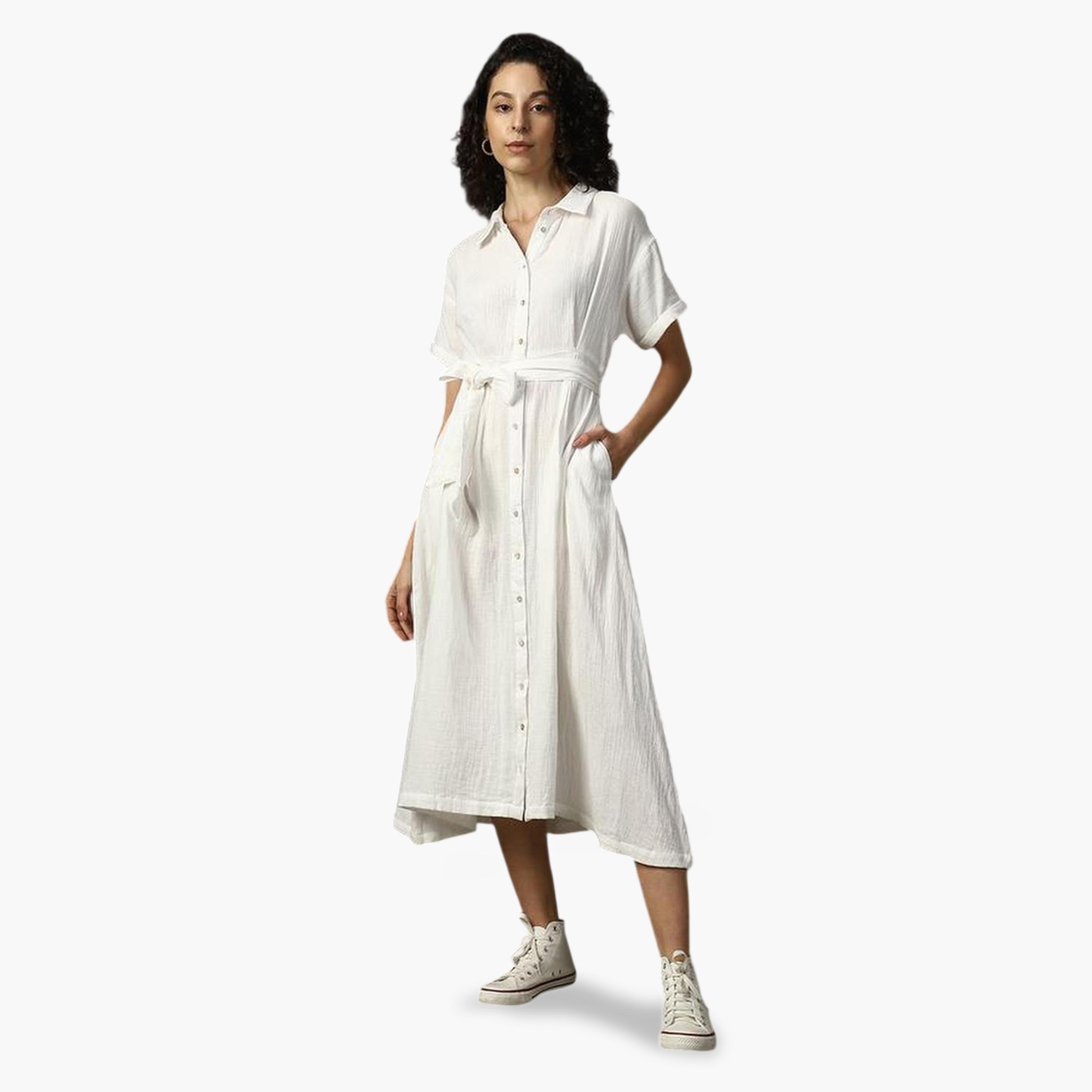 High Star X Styli Off White 100% Cotton Midi Dress with Tie Belt-women-clothing-dresses-image-1