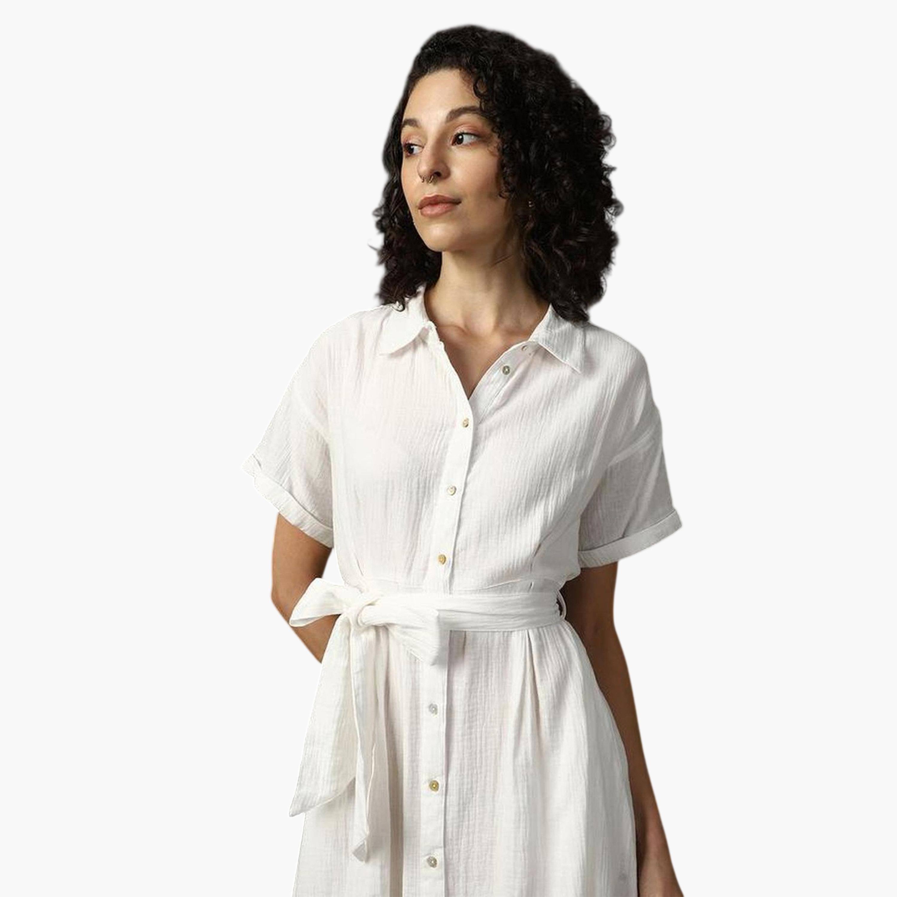 High Star X Styli Off White 100% Cotton Midi Dress with Tie Belt-women-clothing-dresses-image-2