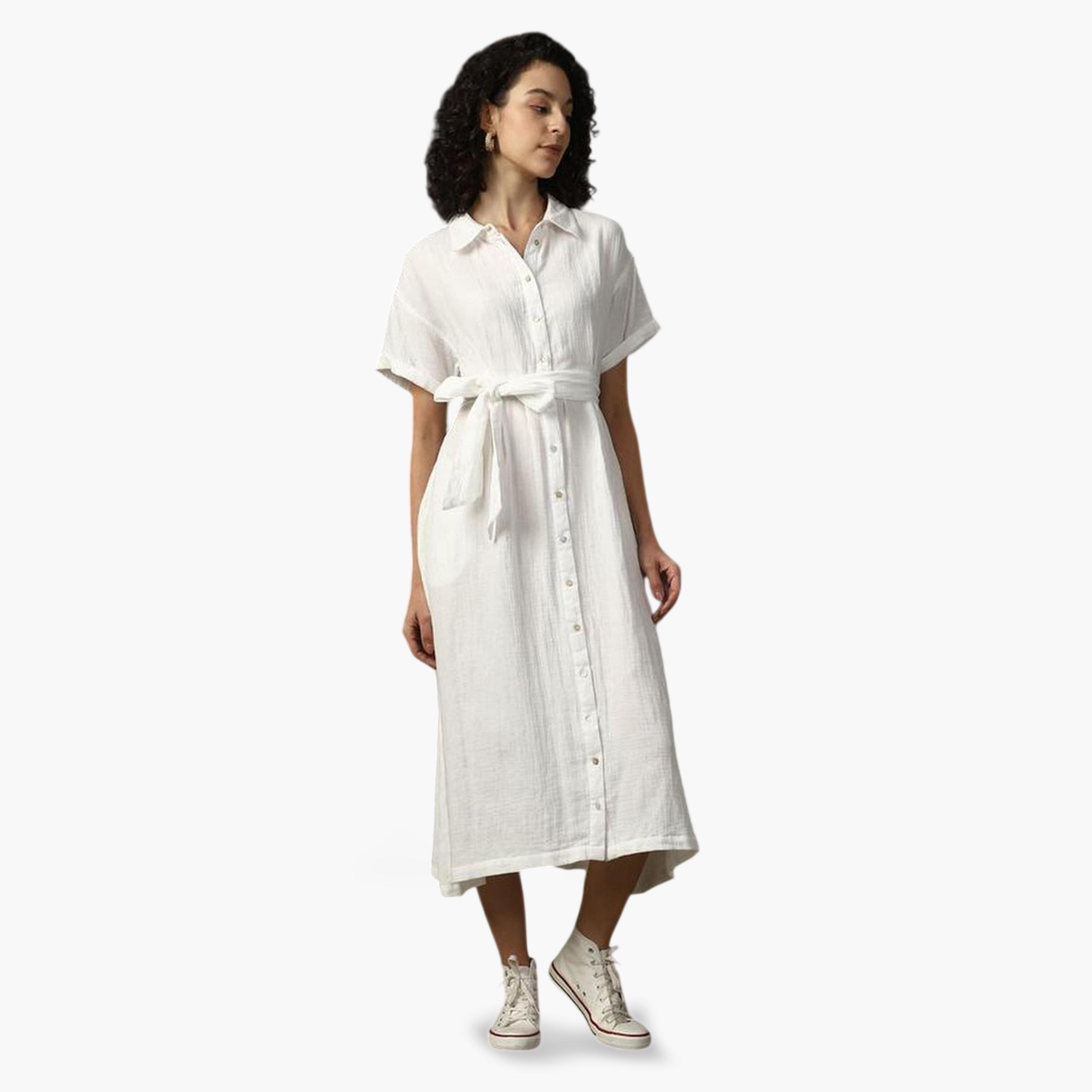 High Star X Styli Off White 100% Cotton Midi Dress with Tie Belt-women-clothing-dresses-image-3