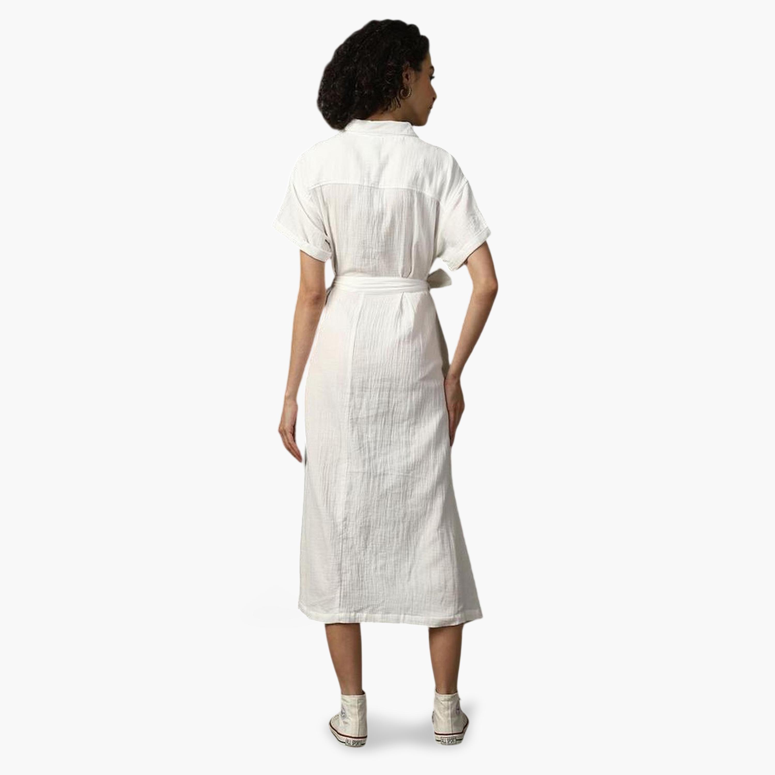 High Star X Styli Off White 100% Cotton Midi Dress with Tie Belt-women-clothing-dresses-image-4