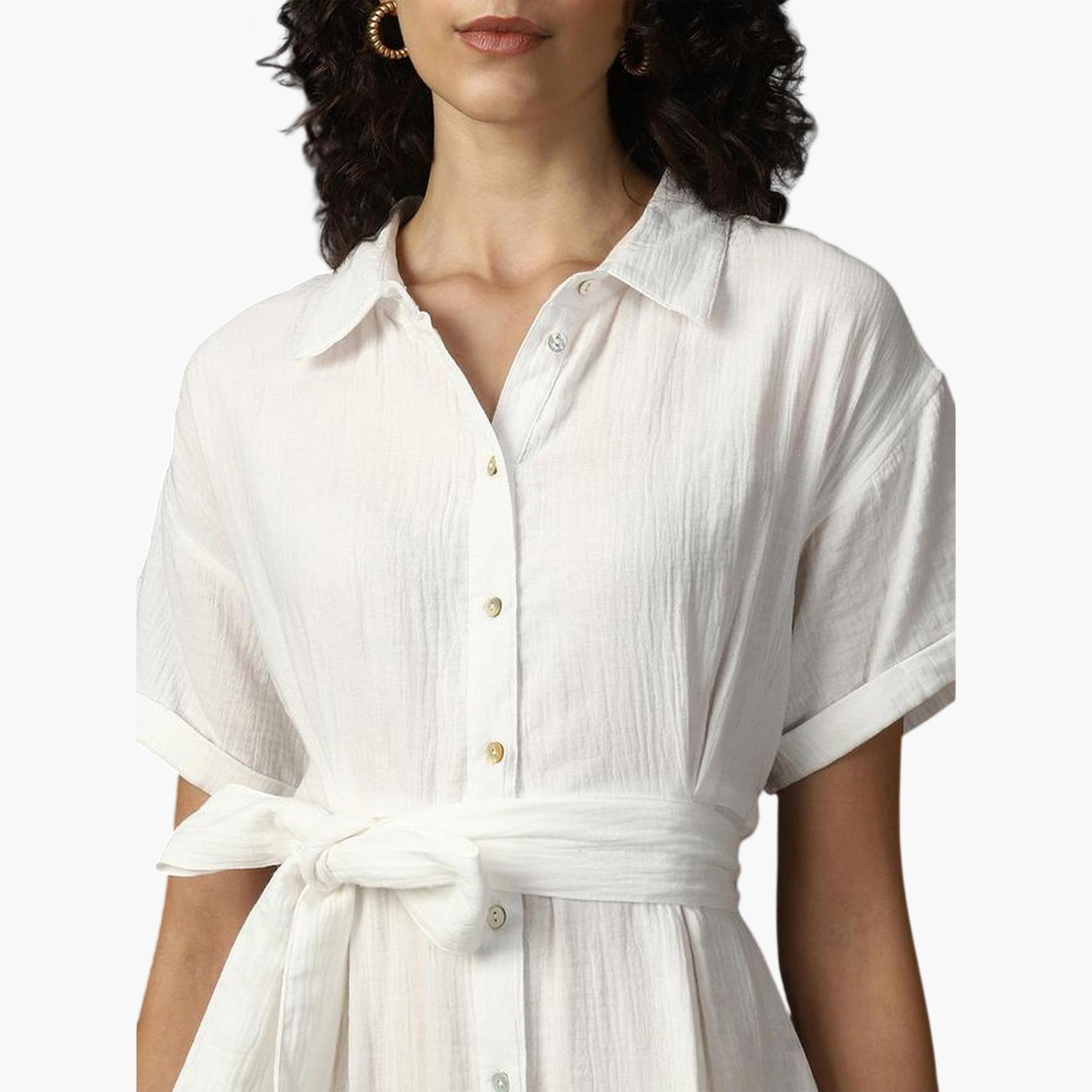 High Star X Styli Off White 100% Cotton Midi Dress with Tie Belt-women-clothing-dresses-image-5