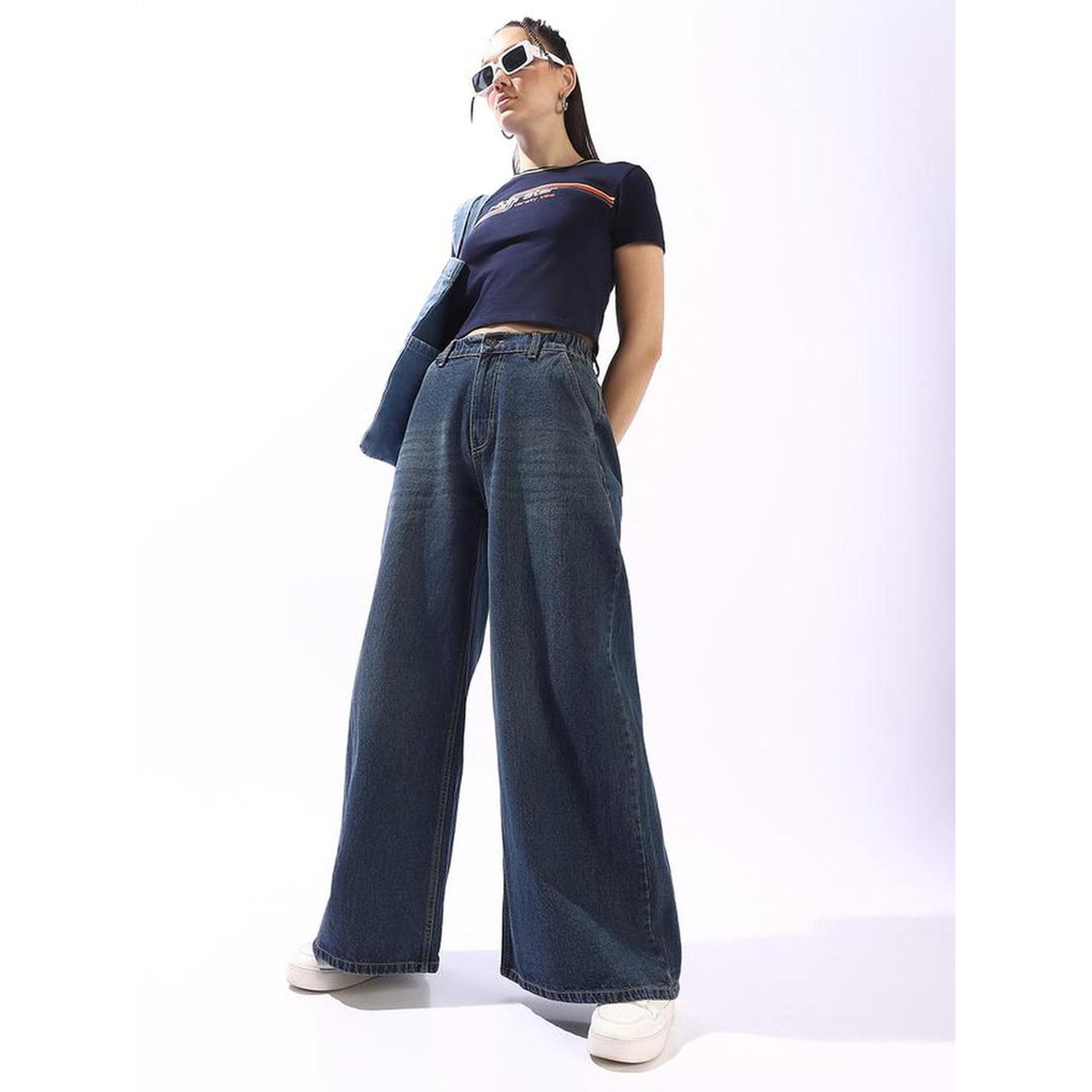 High Star X Styli Blue 100% Cotton Textured Full Wide Leg Jeans-women-clothing-jeans-image-2
