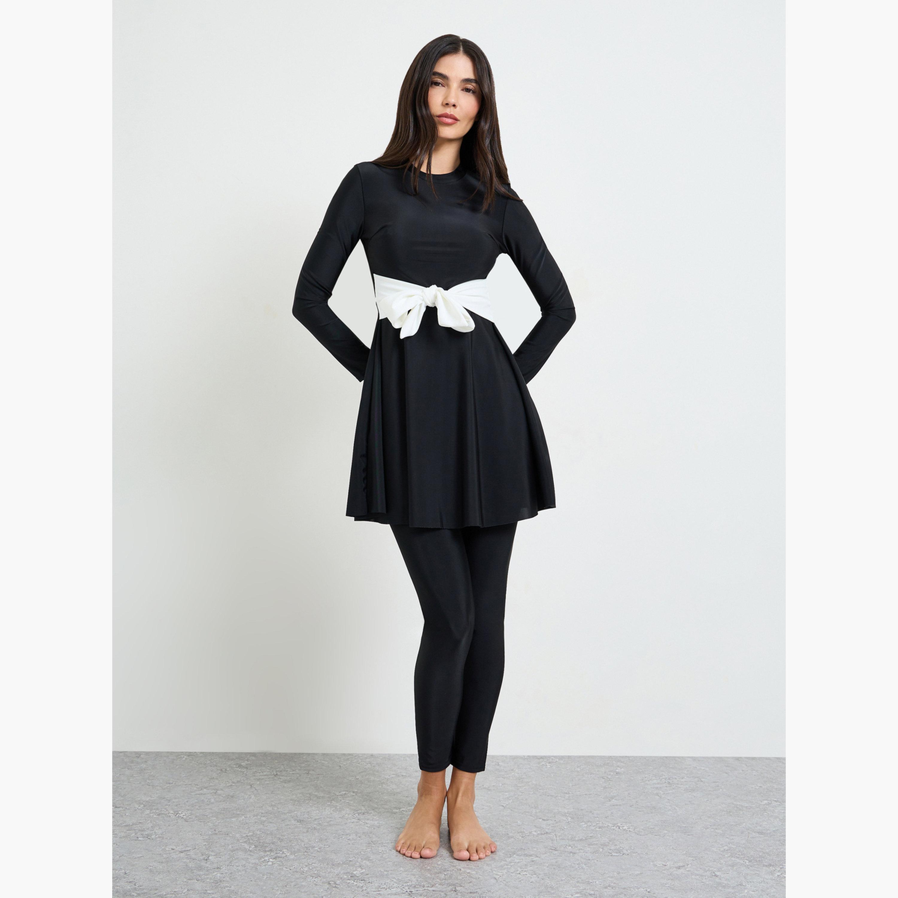 Styli Black Contrast Tie Knot Detail Tunic and Leggings Burkini Set-women-clothing-swimandbeach-beach-beachwear-image-1