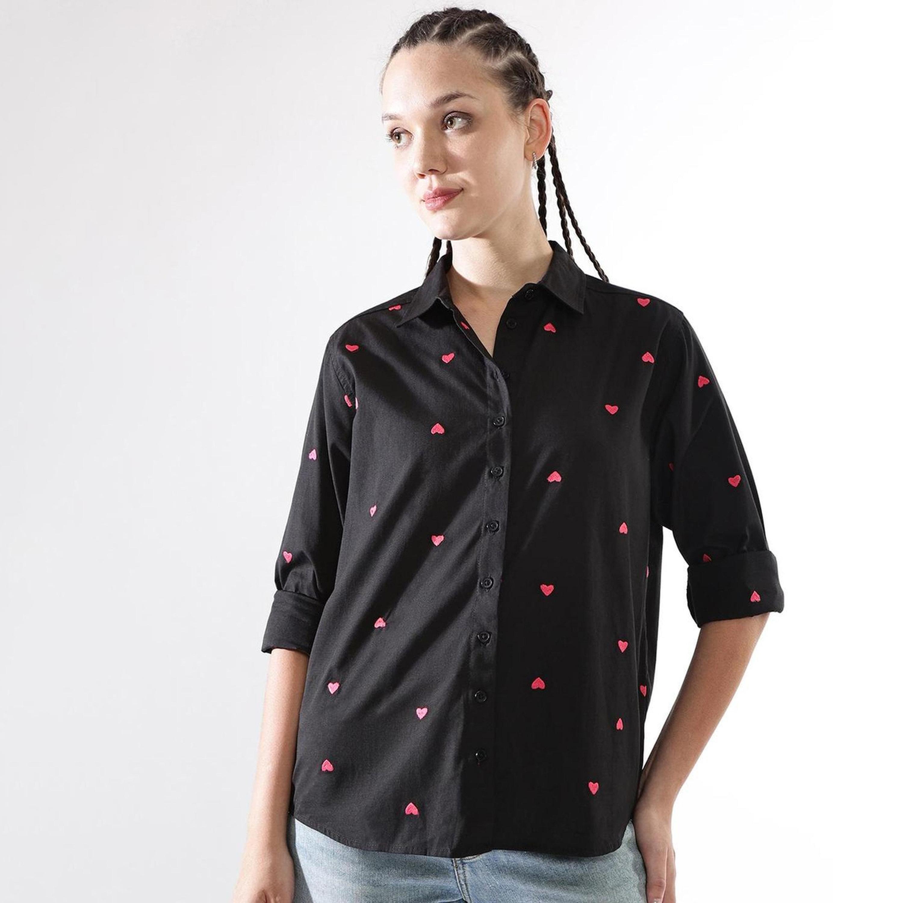 Hubberholme Black Oversized Heart Embroidered Casual Shirt-women-clothing-shirtsandblouses-shirts-image-1