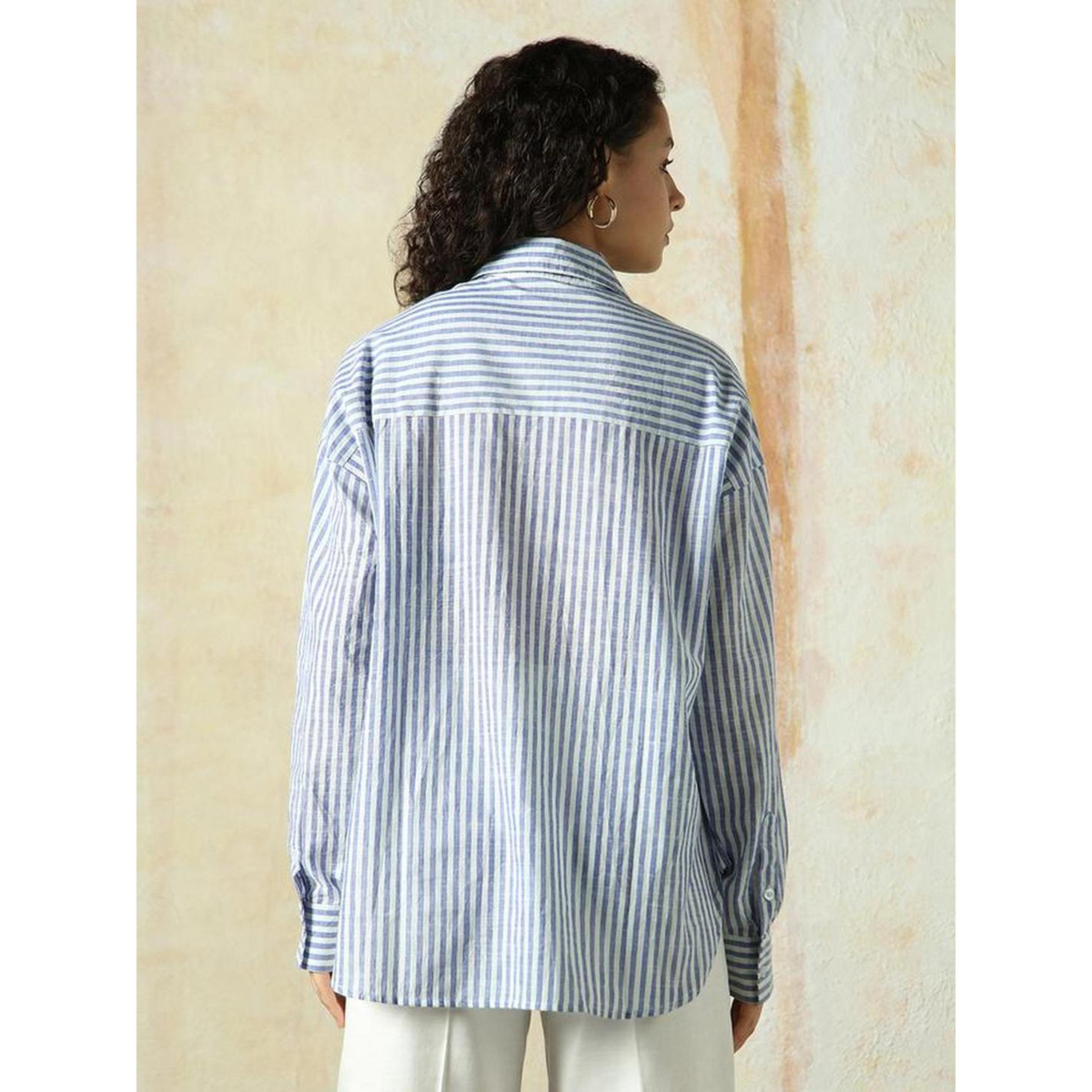 High Star Navy Blue 100% Cotton Striped Oversized Shirt-women-clothing-shirtsandblouses-shirts-image-3