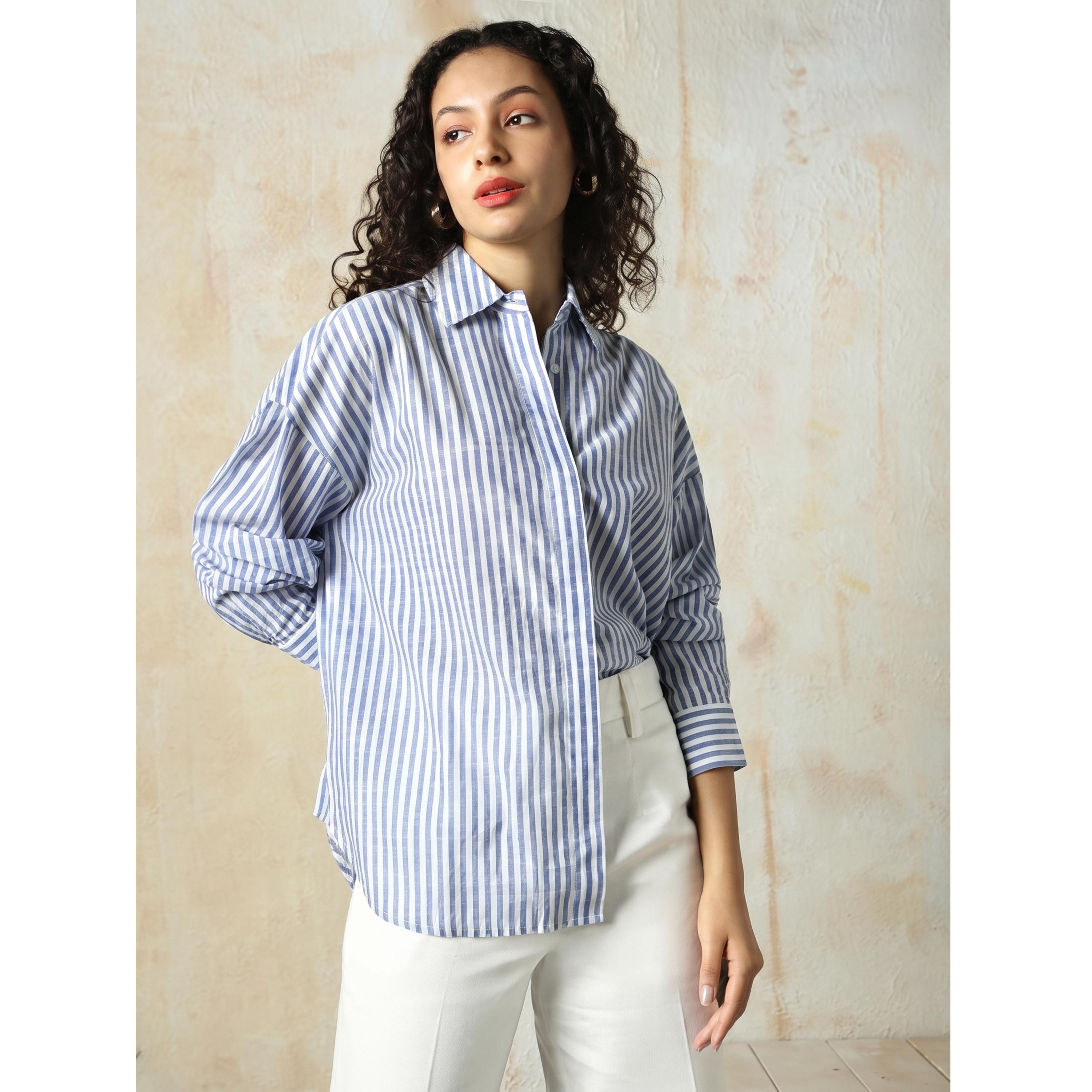 High Star Navy Blue 100% Cotton Striped Oversized Shirt-women-clothing-shirtsandblouses-shirts-image-4