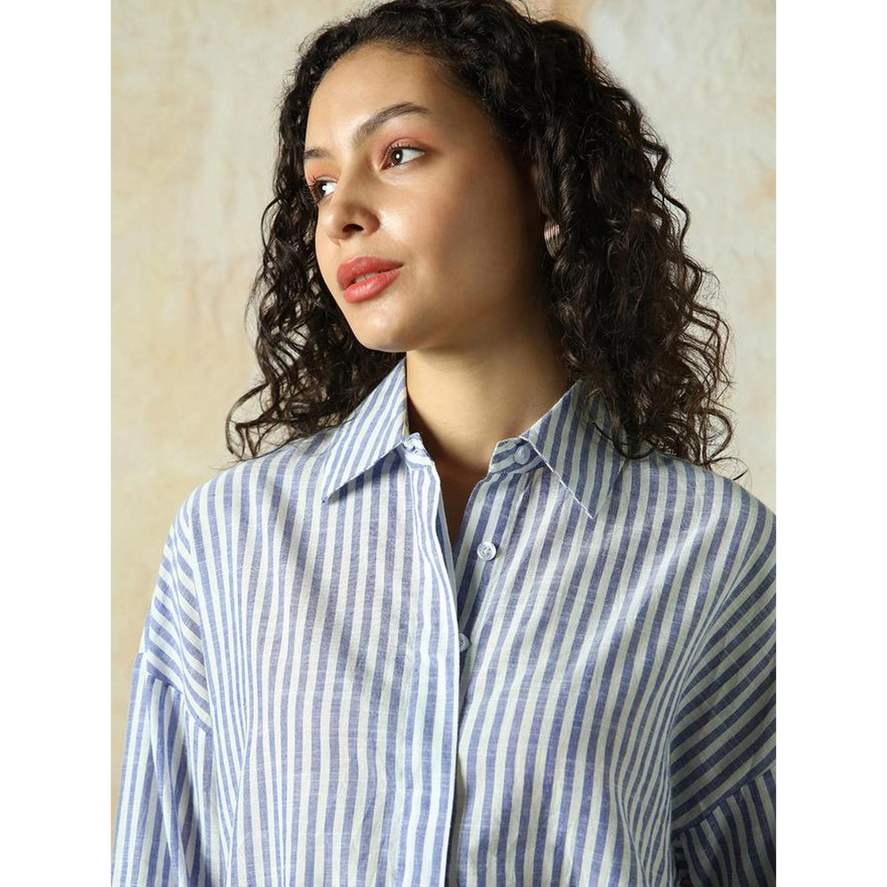 High Star Navy Blue 100% Cotton Striped Oversized Shirt-women-clothing-shirtsandblouses-shirts-image-5