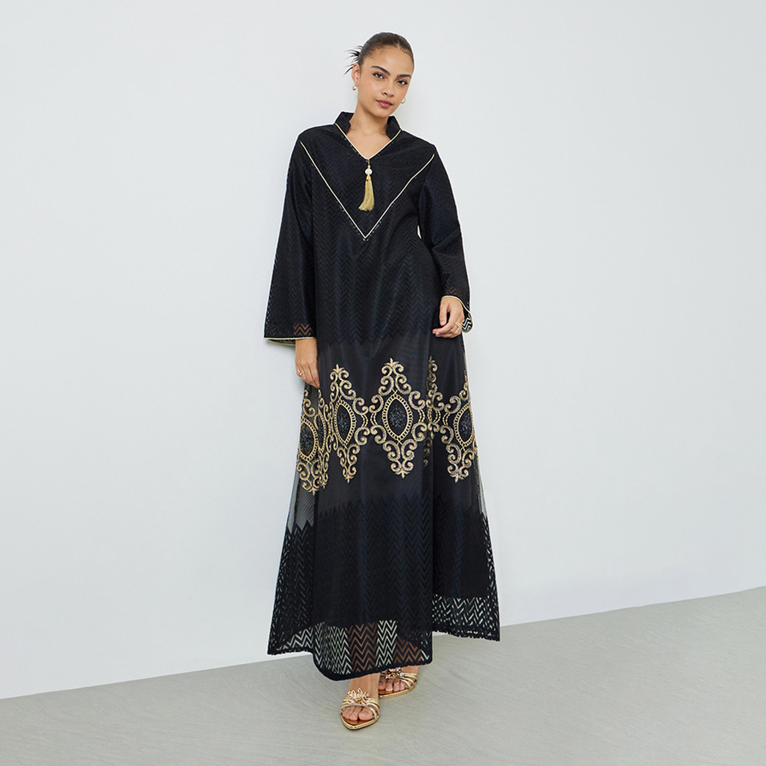 Amirah X Styli Black Organza Lace Insert Jalabiya-women-arabicclothing-jalabiyas-image-1