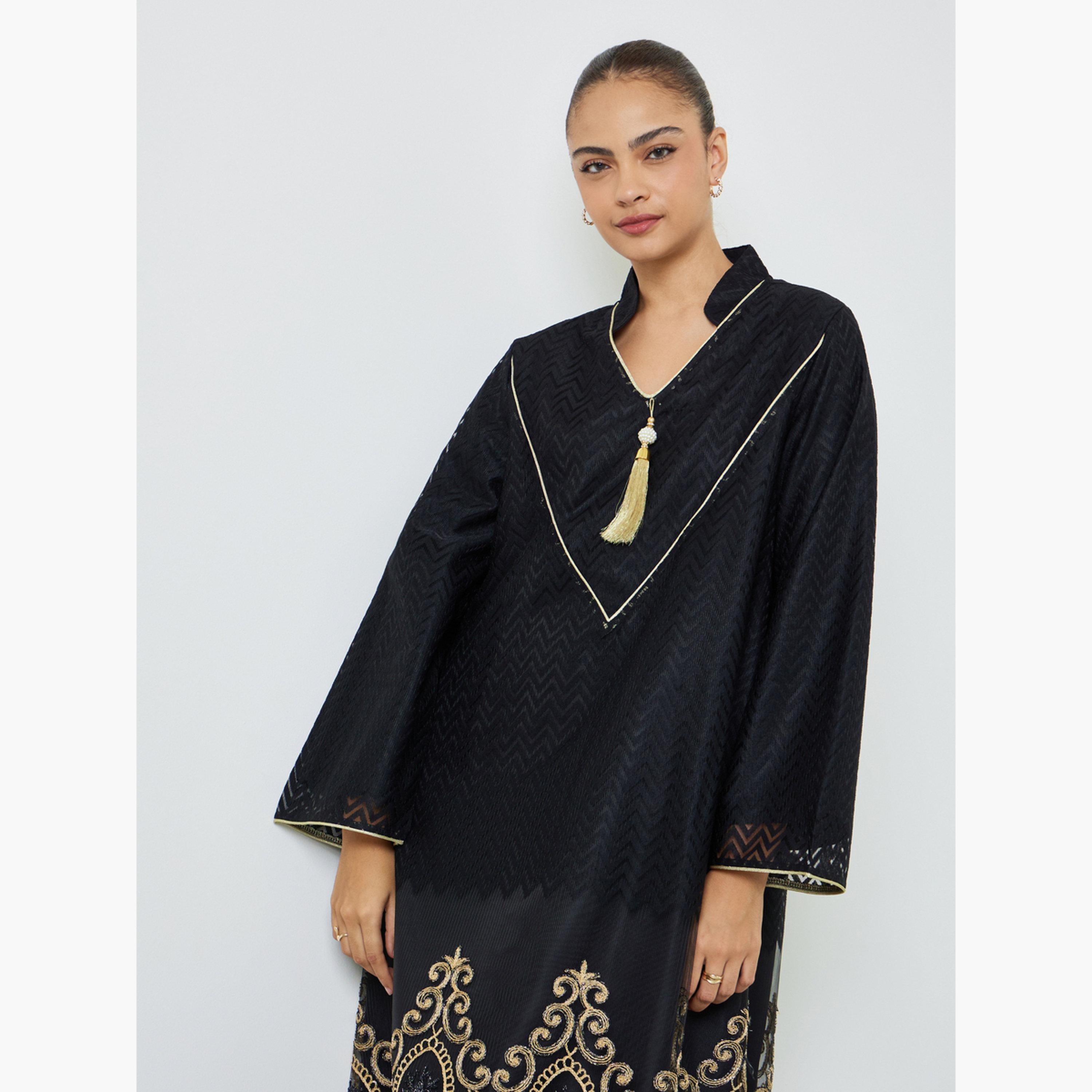 Amirah X Styli Black Organza Lace Insert Jalabiya-women-arabicclothing-jalabiyas-image-2
