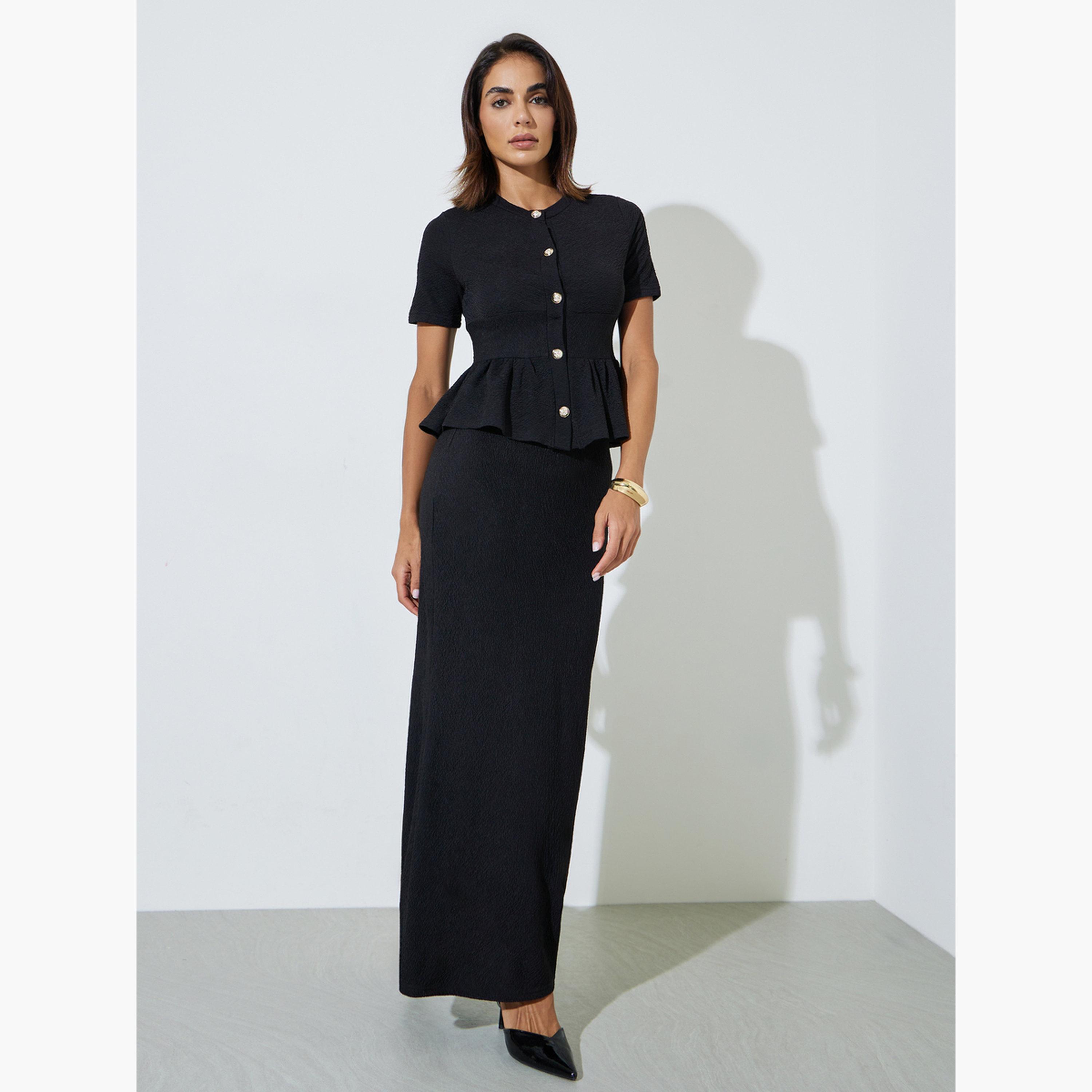 Styli Black Textured Fitted Peplum Top-women-clothing-shirtsandblouses-blouses-image-2