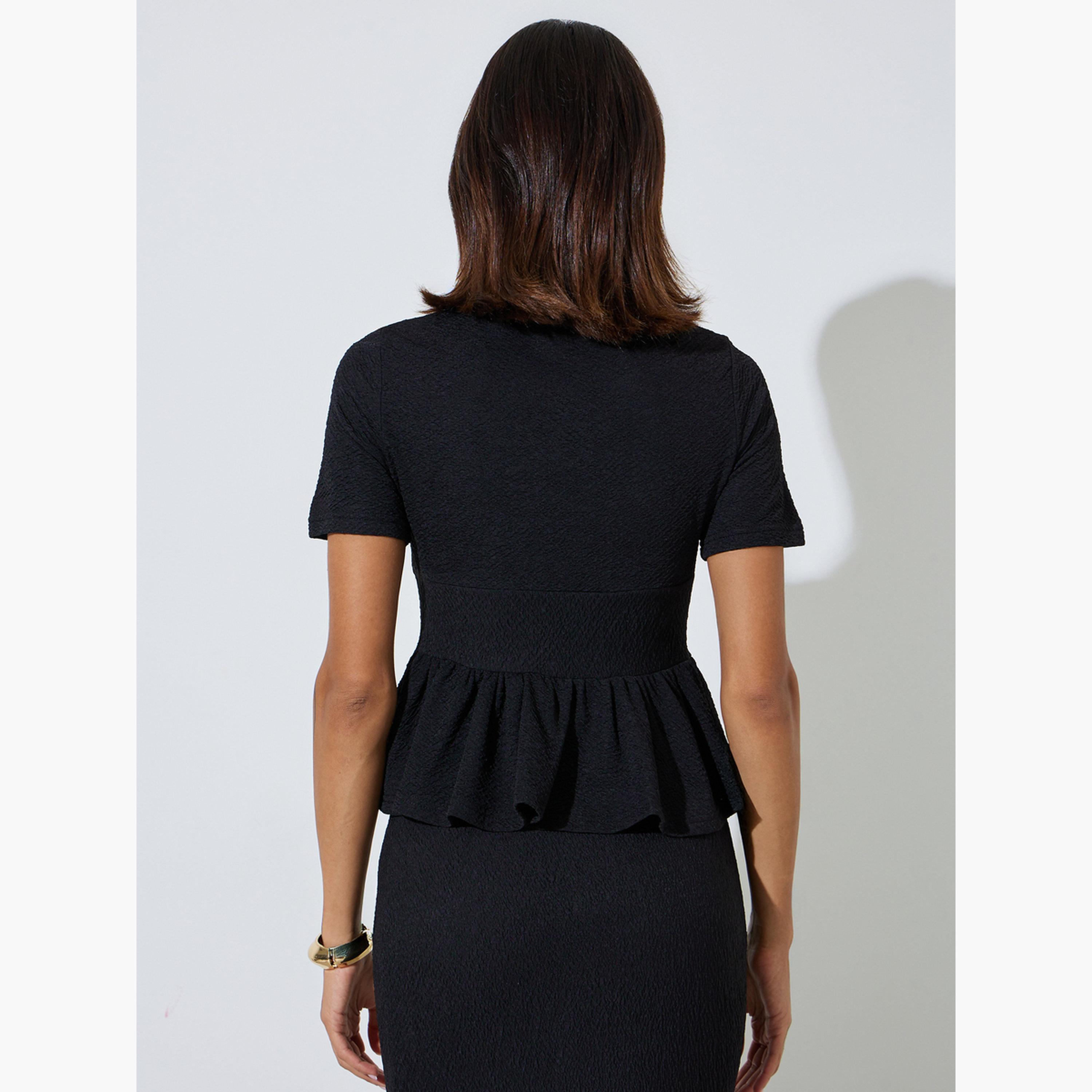 Styli Black Textured Fitted Peplum Top-women-clothing-shirtsandblouses-blouses-image-3