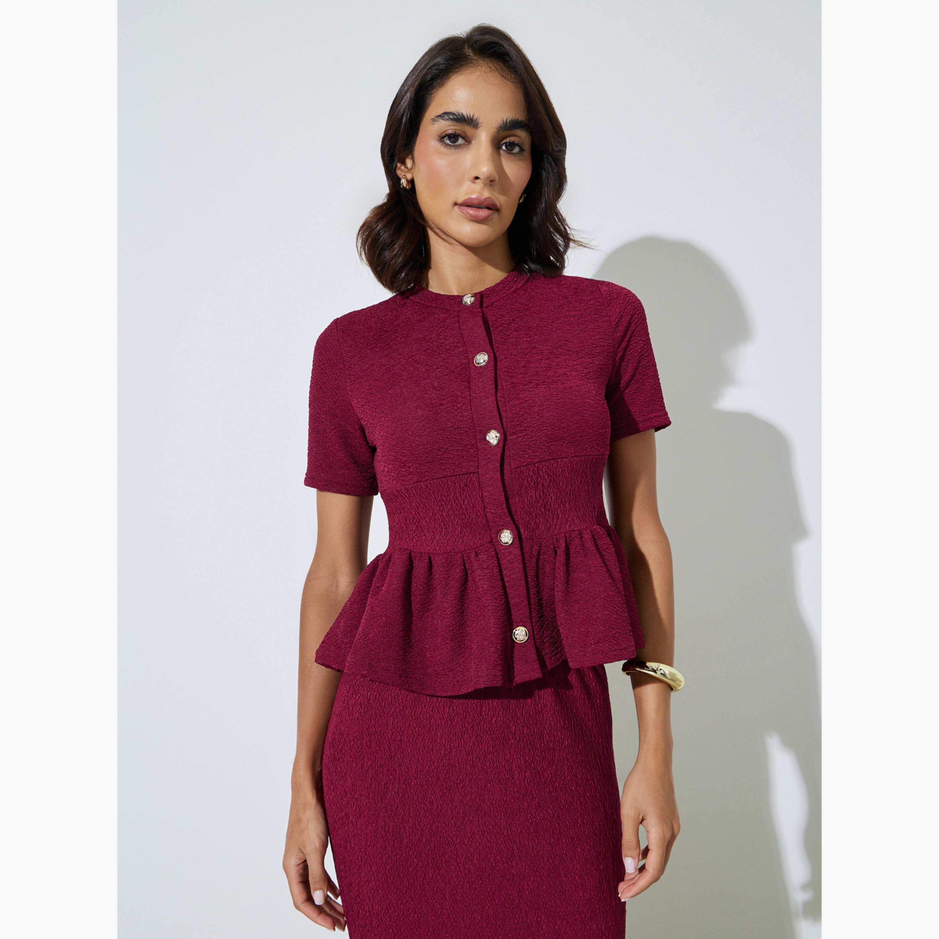 Styli Burgundy Textured Fitted Peplum Top-women-clothing-shirtsandblouses-blouses-image-1