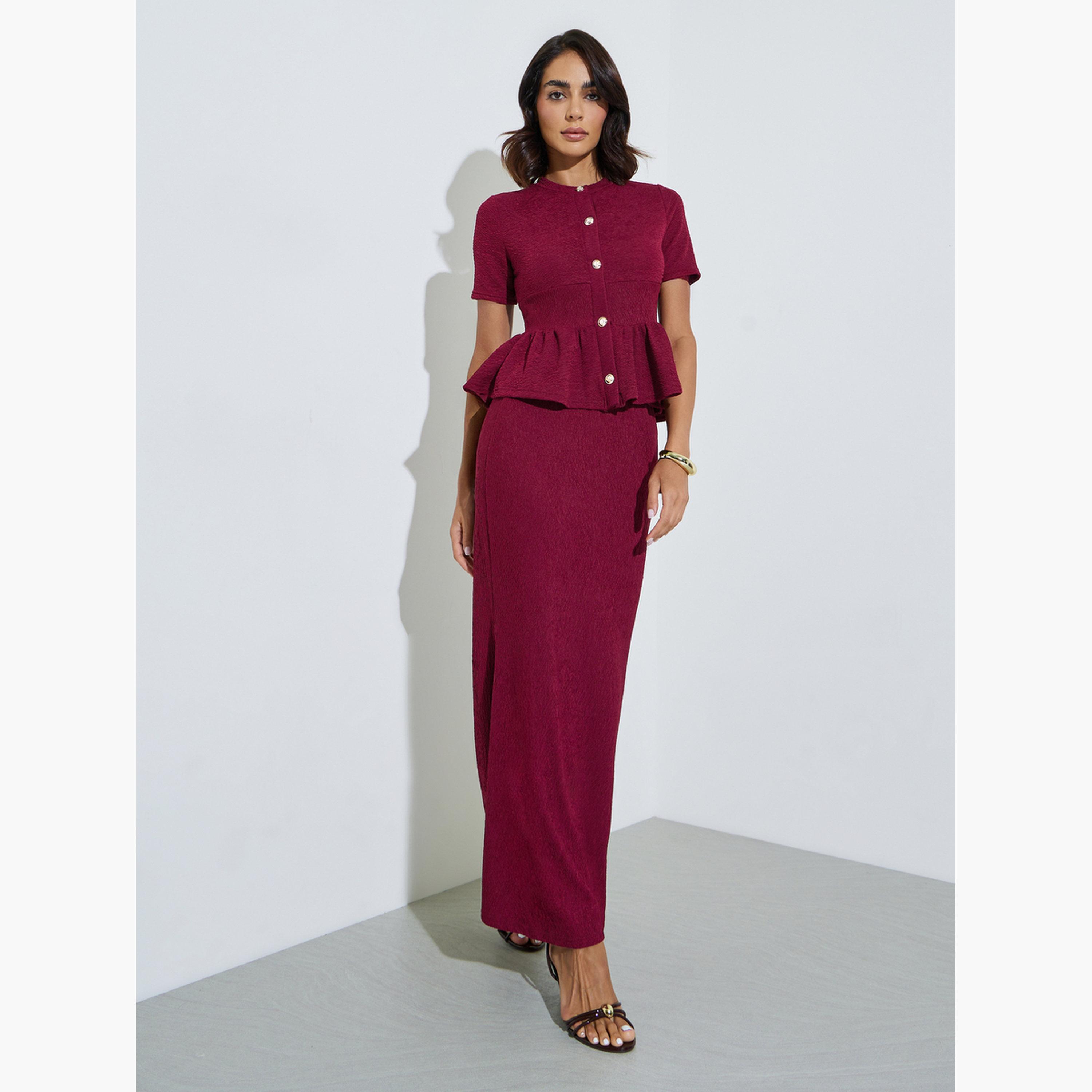 Styli Burgundy Textured Fitted Peplum Top-women-clothing-shirtsandblouses-blouses-image-2