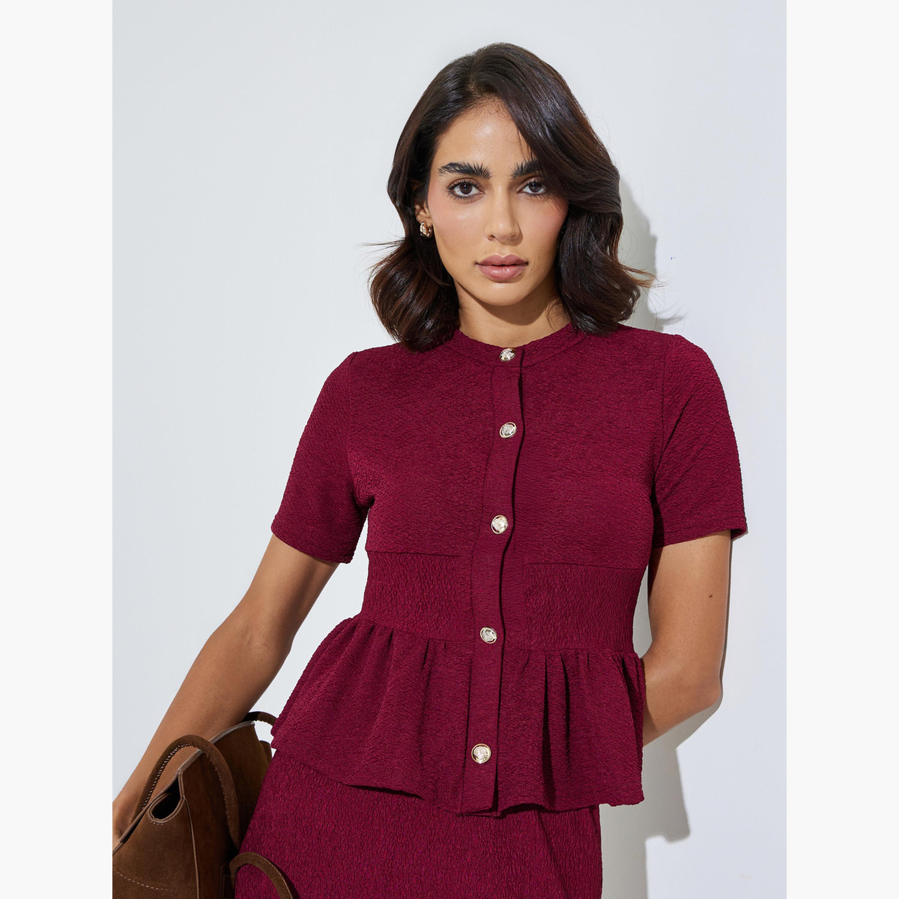 Styli Burgundy Textured Fitted Peplum Top-women-clothing-shirtsandblouses-blouses-image-3
