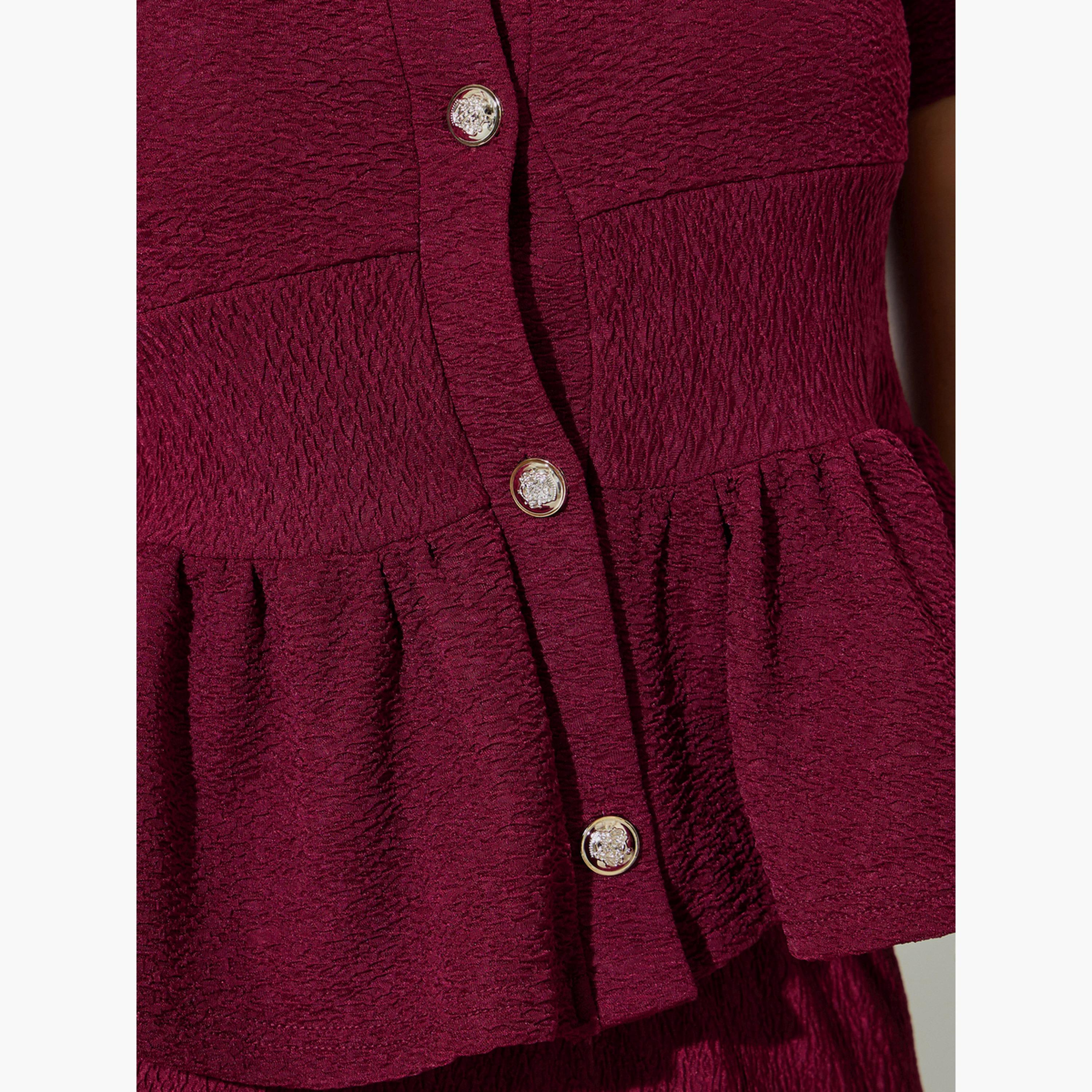 Styli Burgundy Textured Fitted Peplum Top-women-clothing-shirtsandblouses-blouses-image-5