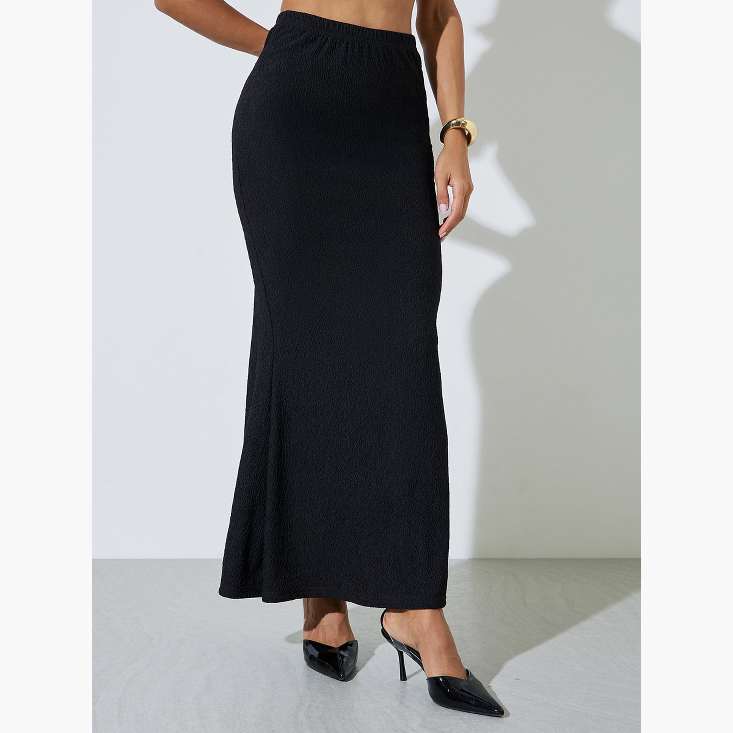 Styli Black Textured Pencil Maxi Skirt-women-clothing-bottoms-skirts-image-1