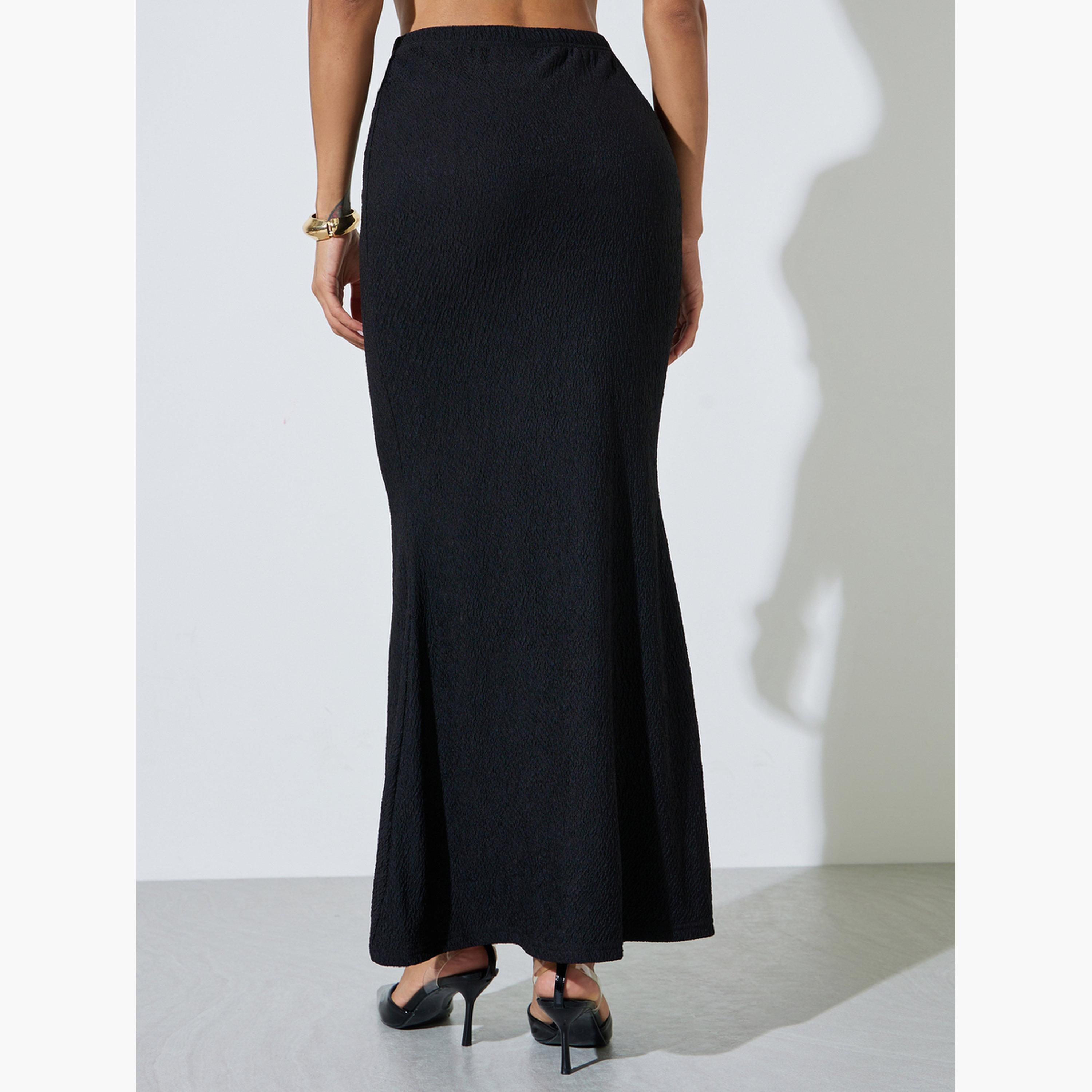 Styli Black Textured Pencil Maxi Skirt-women-clothing-bottoms-skirts-image-4