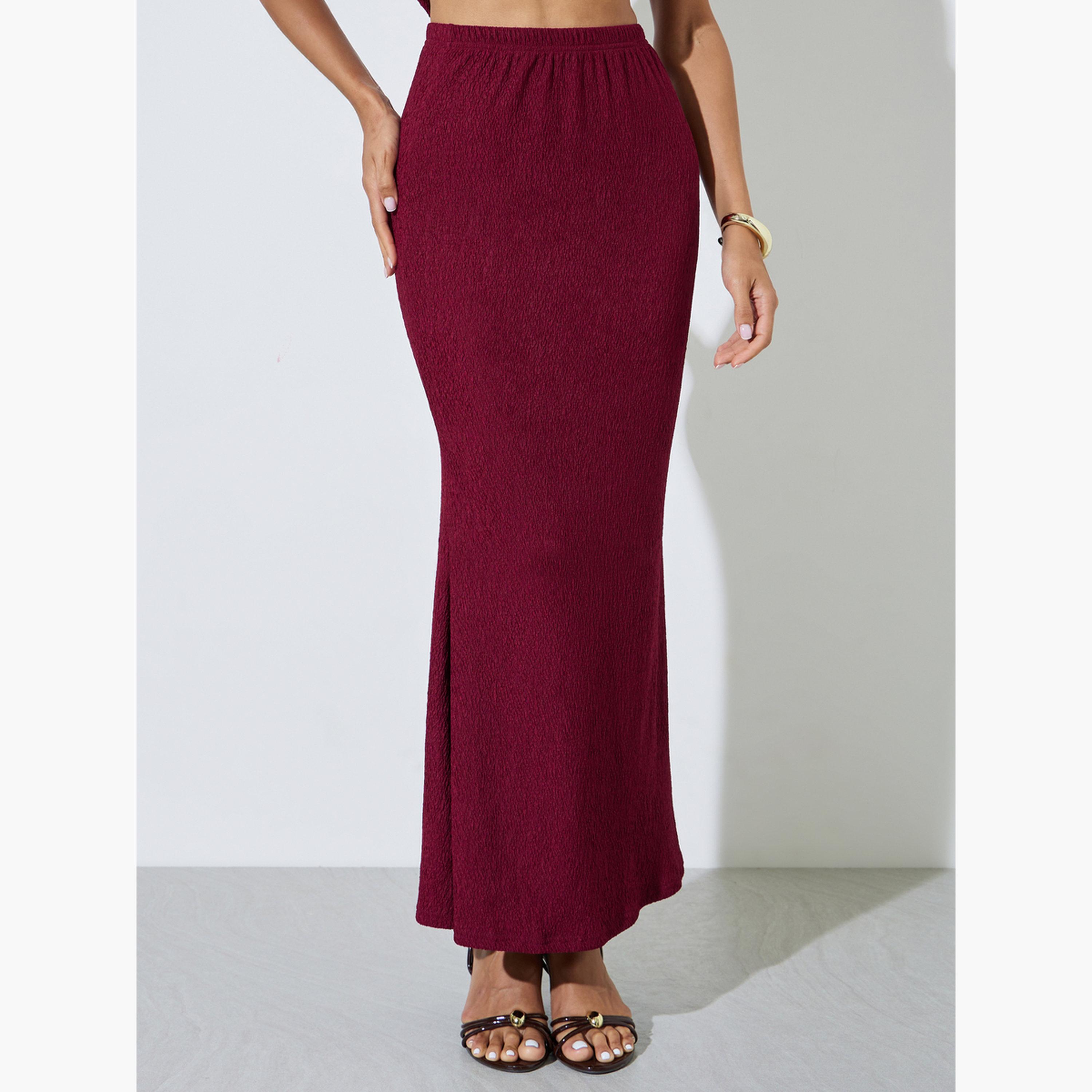 Styli Burgundy Textured Pencil Maxi Skirt-women-clothing-bottoms-skirts-image-1