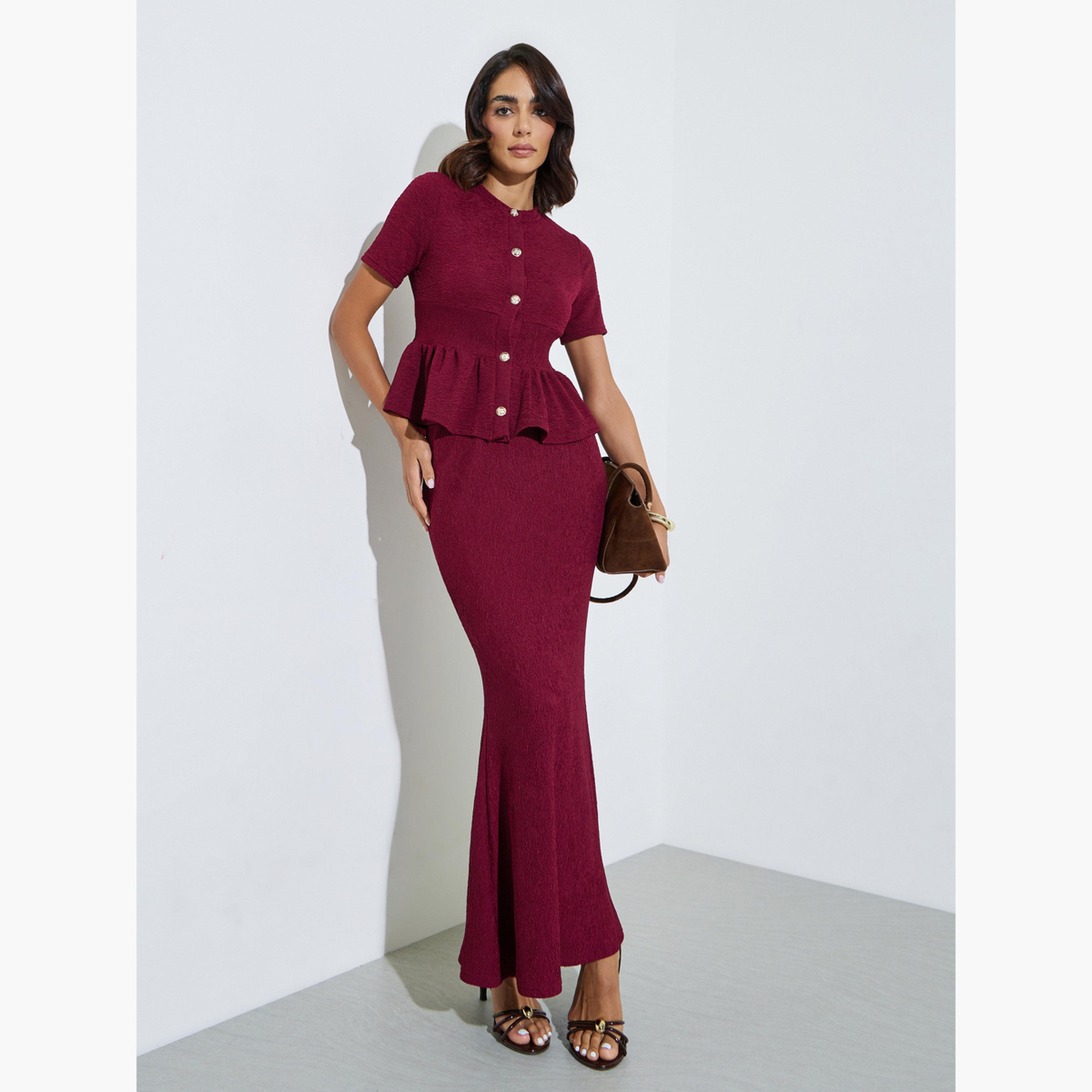 Styli Burgundy Textured Pencil Maxi Skirt-women-clothing-bottoms-skirts-image-2