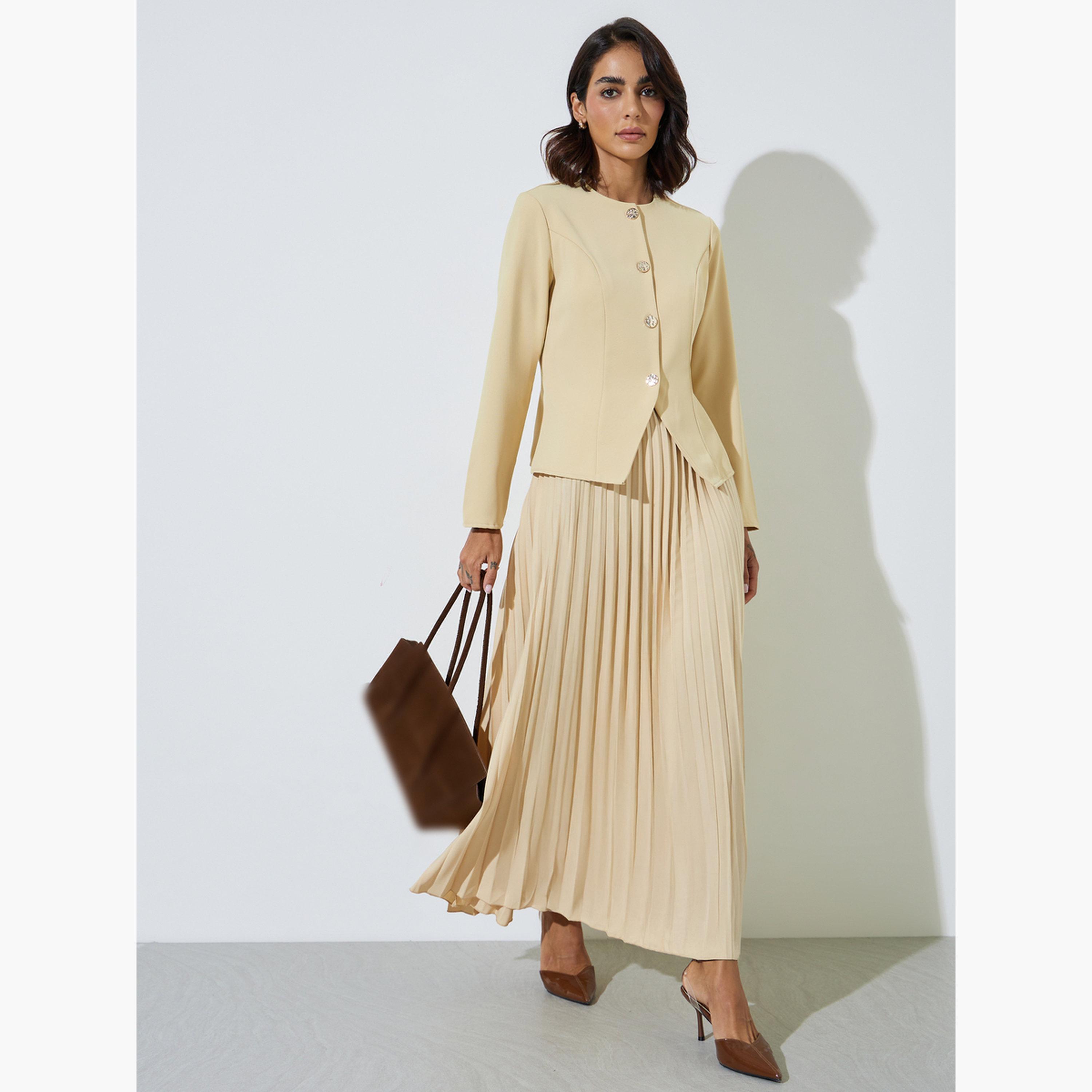 Styli Yellow Pleated Flared Maxi Skirt-women-clothing-bottoms-skirts-image-2