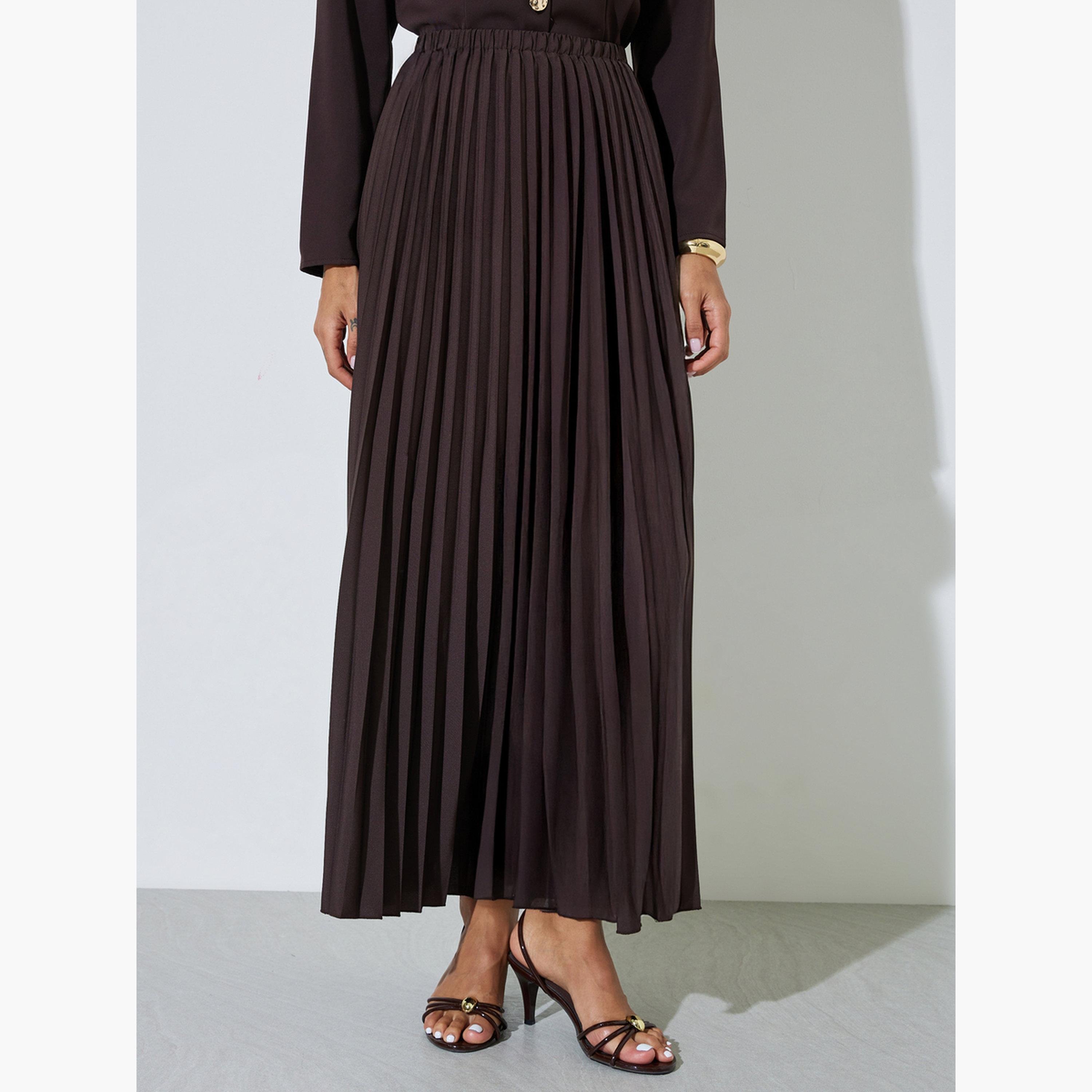 Styli Brown Pleated Flared Maxi Skirt-women-clothing-bottoms-skirts-image-1