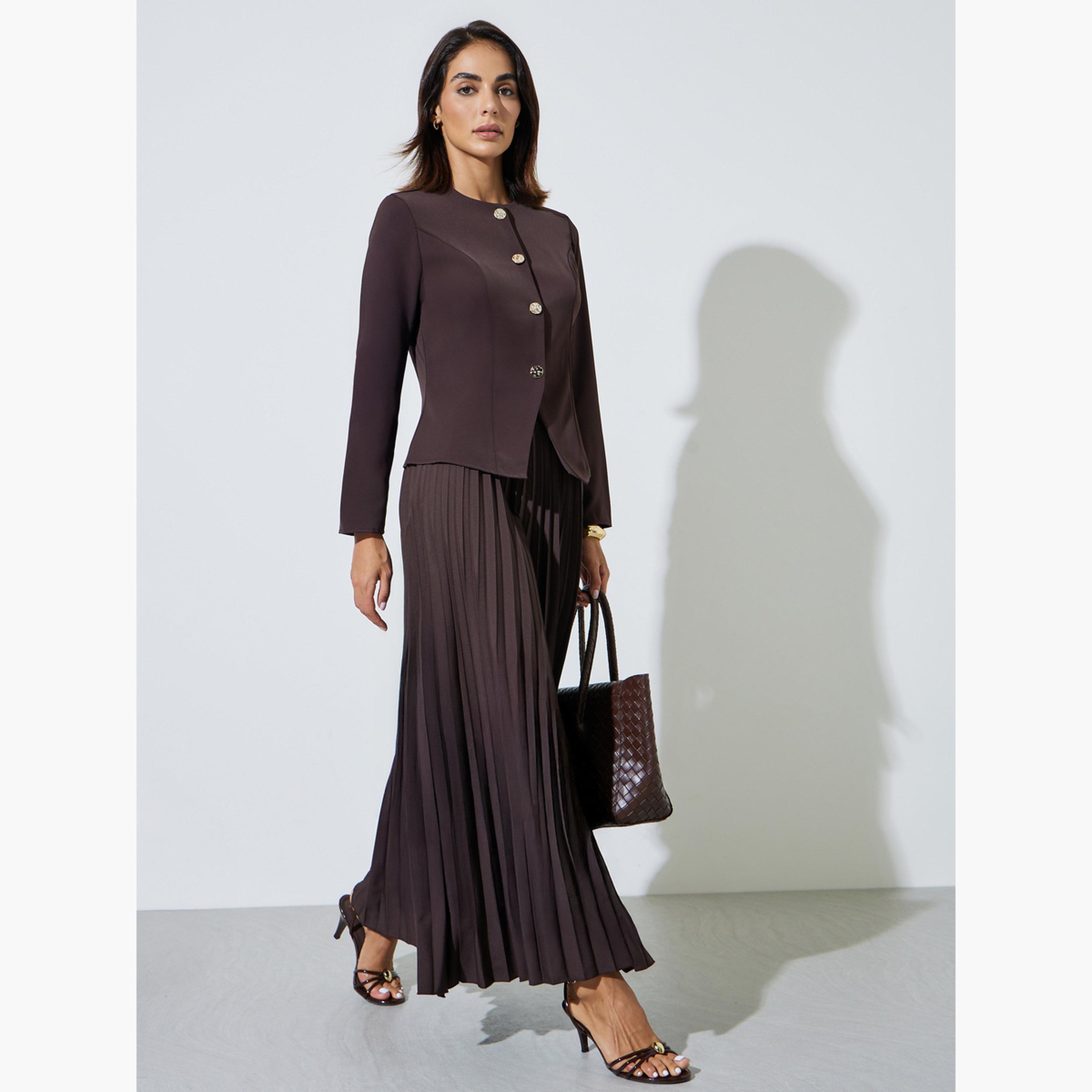 Styli Brown Pleated Flared Maxi Skirt-women-clothing-bottoms-skirts-image-2