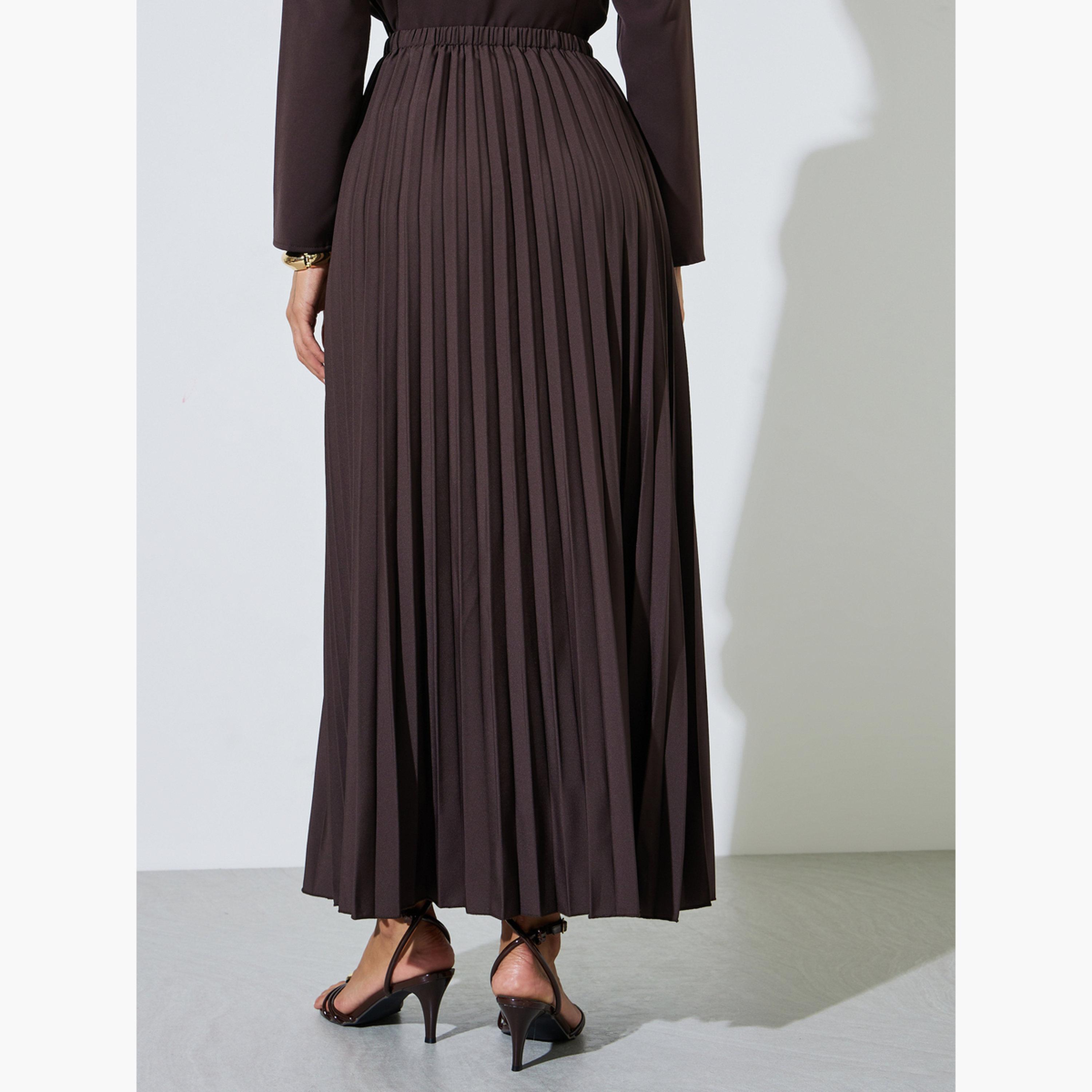 Styli Brown Pleated Flared Maxi Skirt-women-clothing-bottoms-skirts-image-4