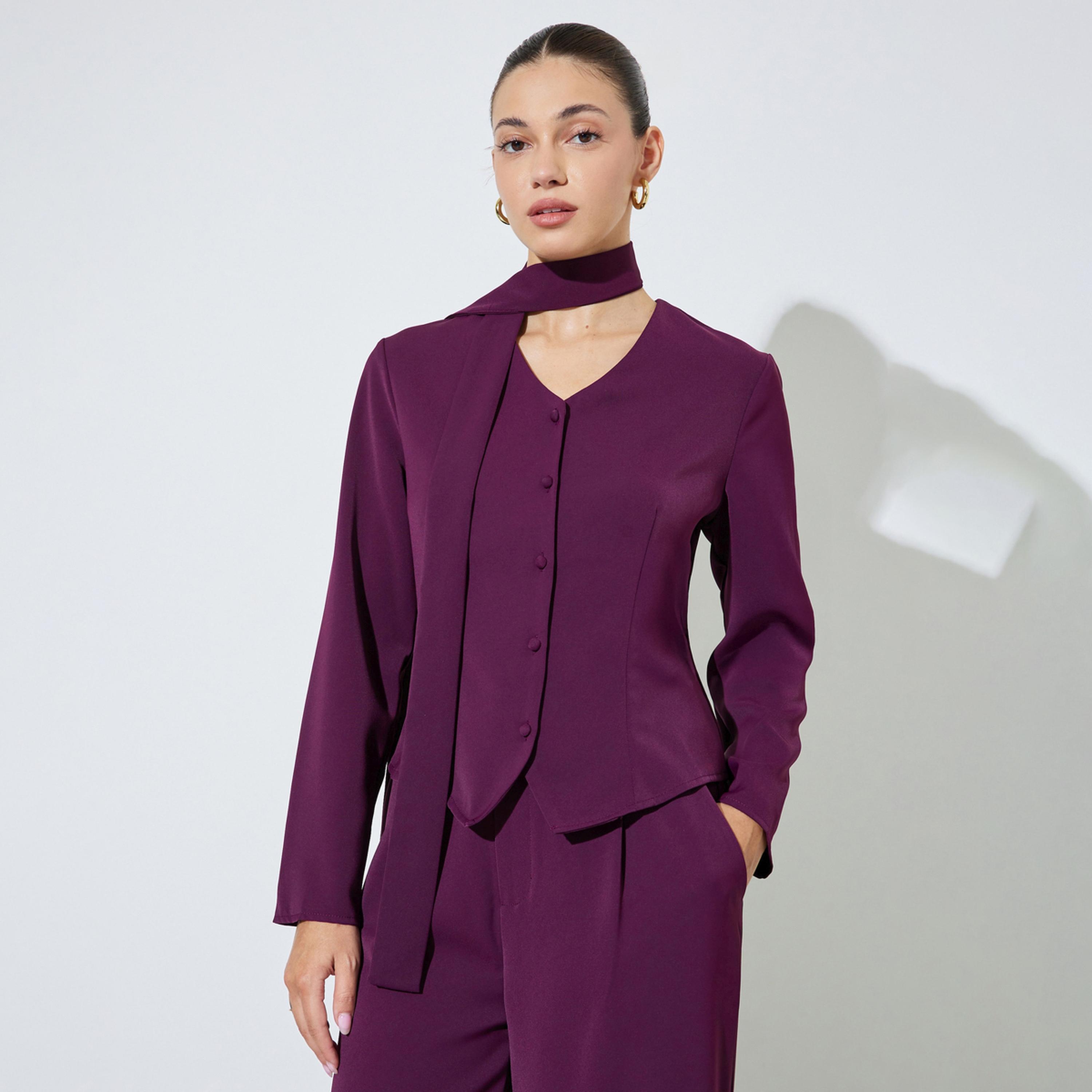 Styli Purple Long Sleeve Blouse with Scarf Detail-women-clothing-shirtsandblouses-blouses-image-1