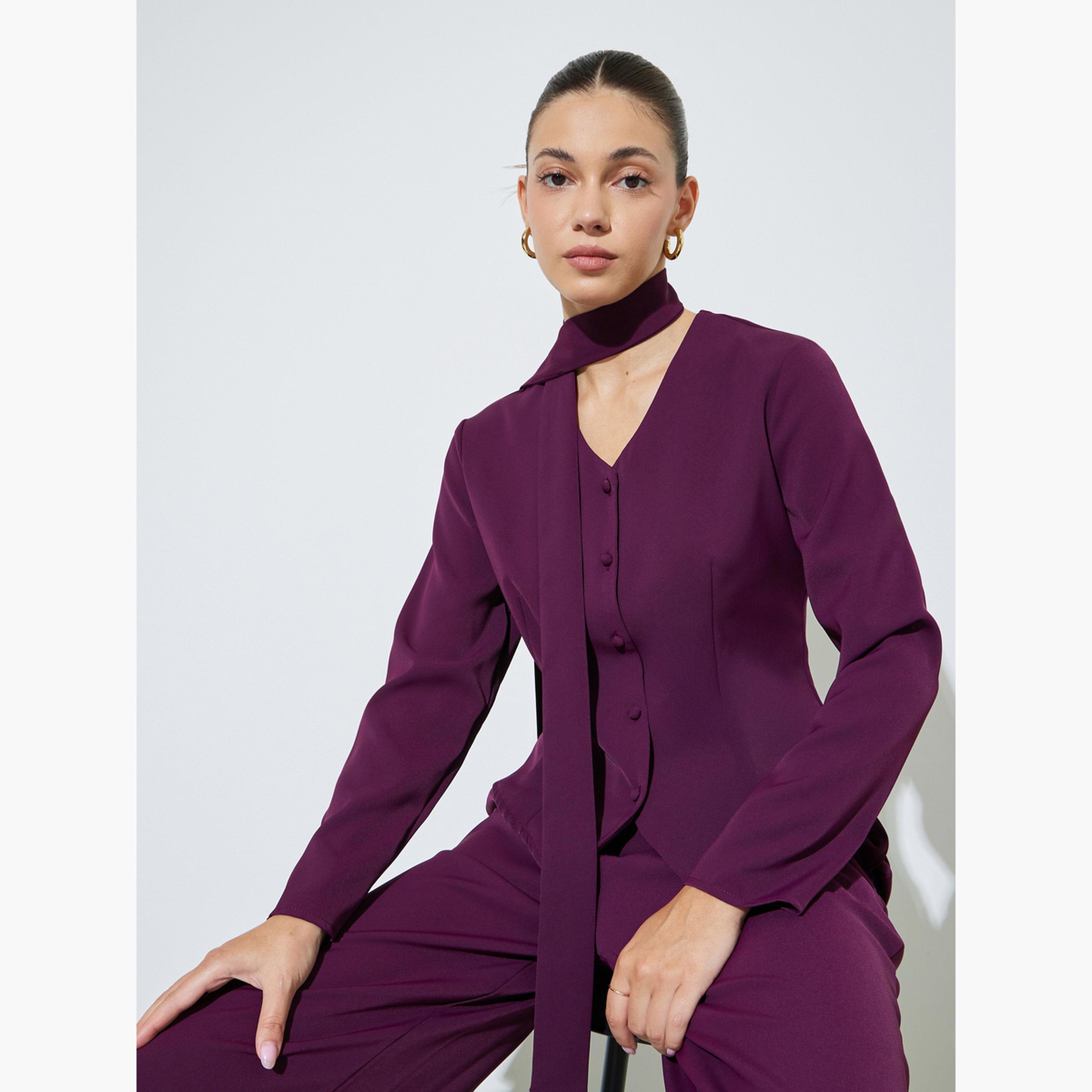 Styli Purple Long Sleeve Blouse with Scarf Detail-women-clothing-shirtsandblouses-blouses-image-3