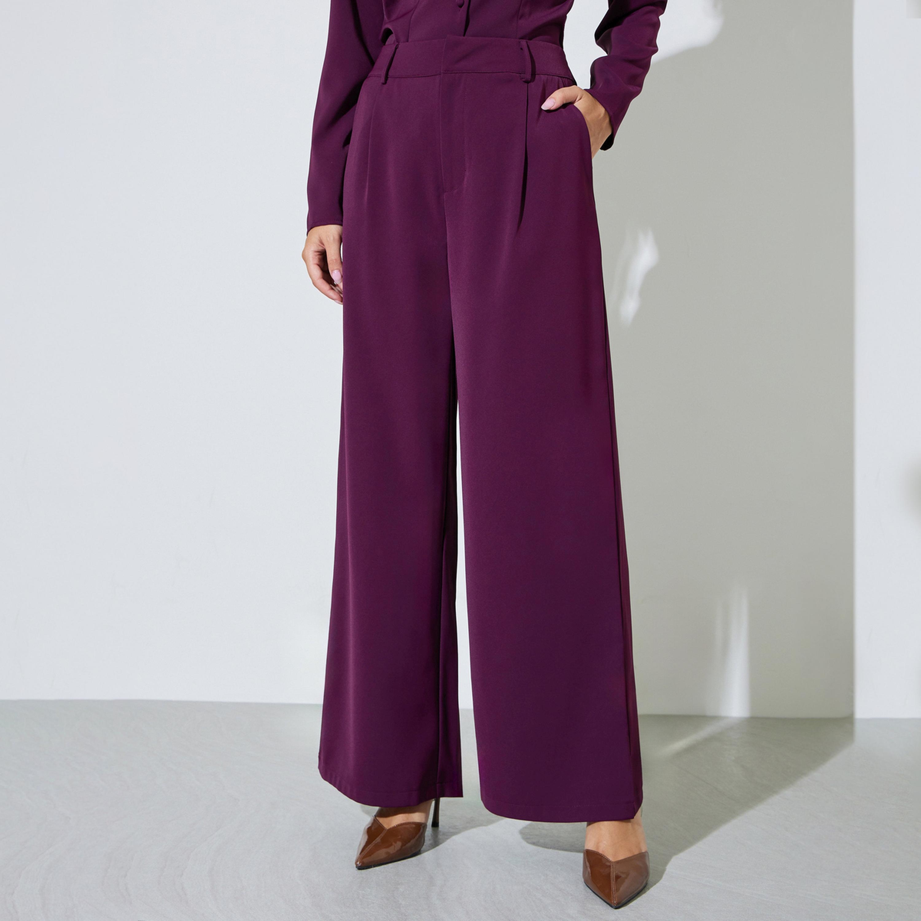 بنطال بأرجل واسعة بنفسجي بجيب جانبي-women-clothing-bottoms-trousers-image-1