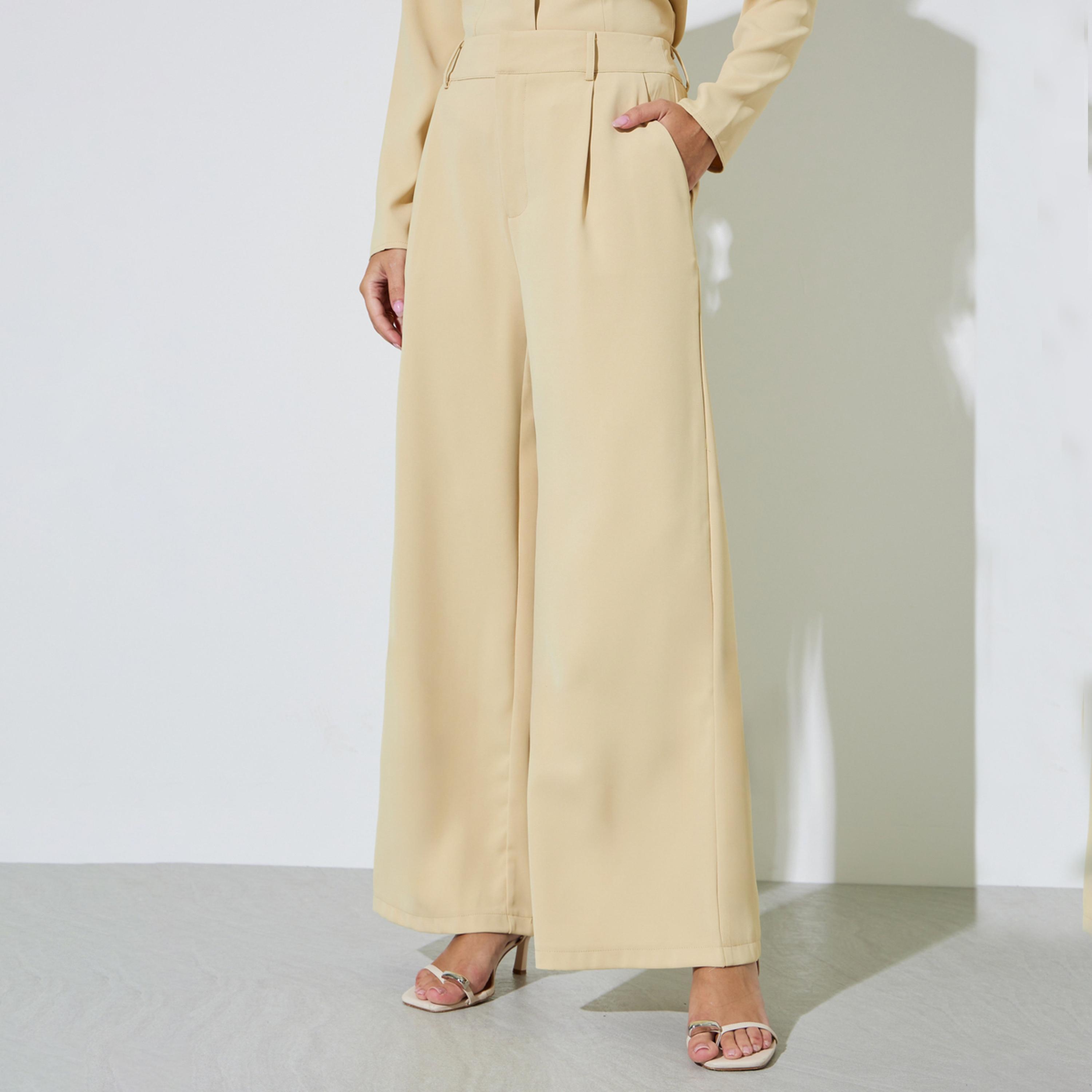 Styli Yellow Wide Leg Pants with Side Pocket-women-clothing-bottoms-trousers-image-1