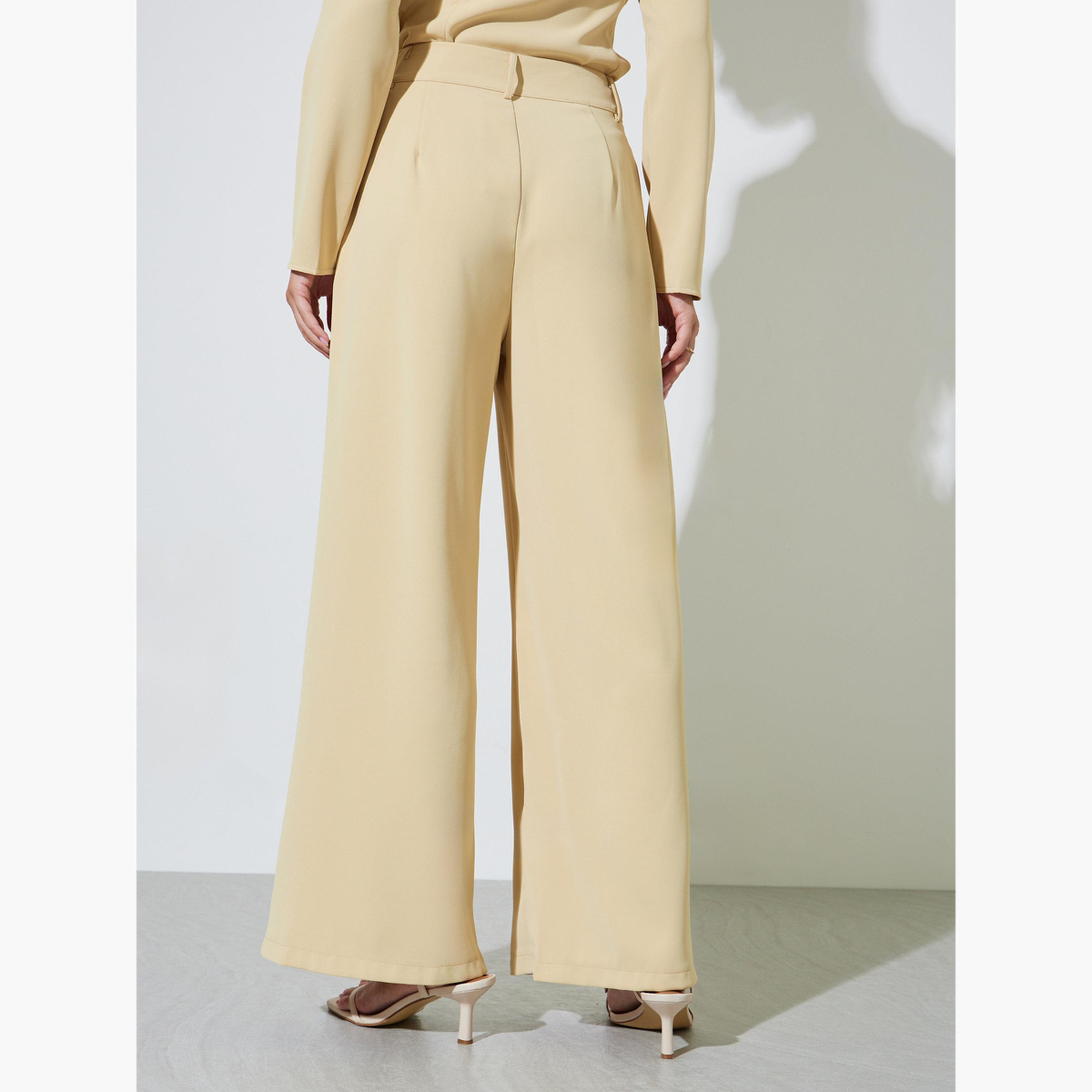بنطال بأرجل واسعة أصفر بجيب جانبي-women-clothing-bottoms-trousers-image-4