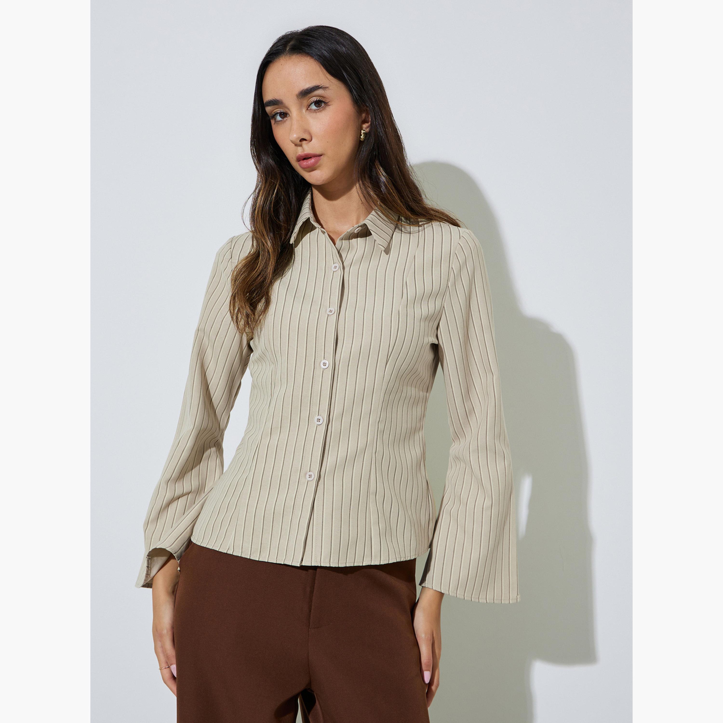 قميص ضيق ومخطط بأكمام جرس-women-clothing-shirtsandblouses-shirts-image-1