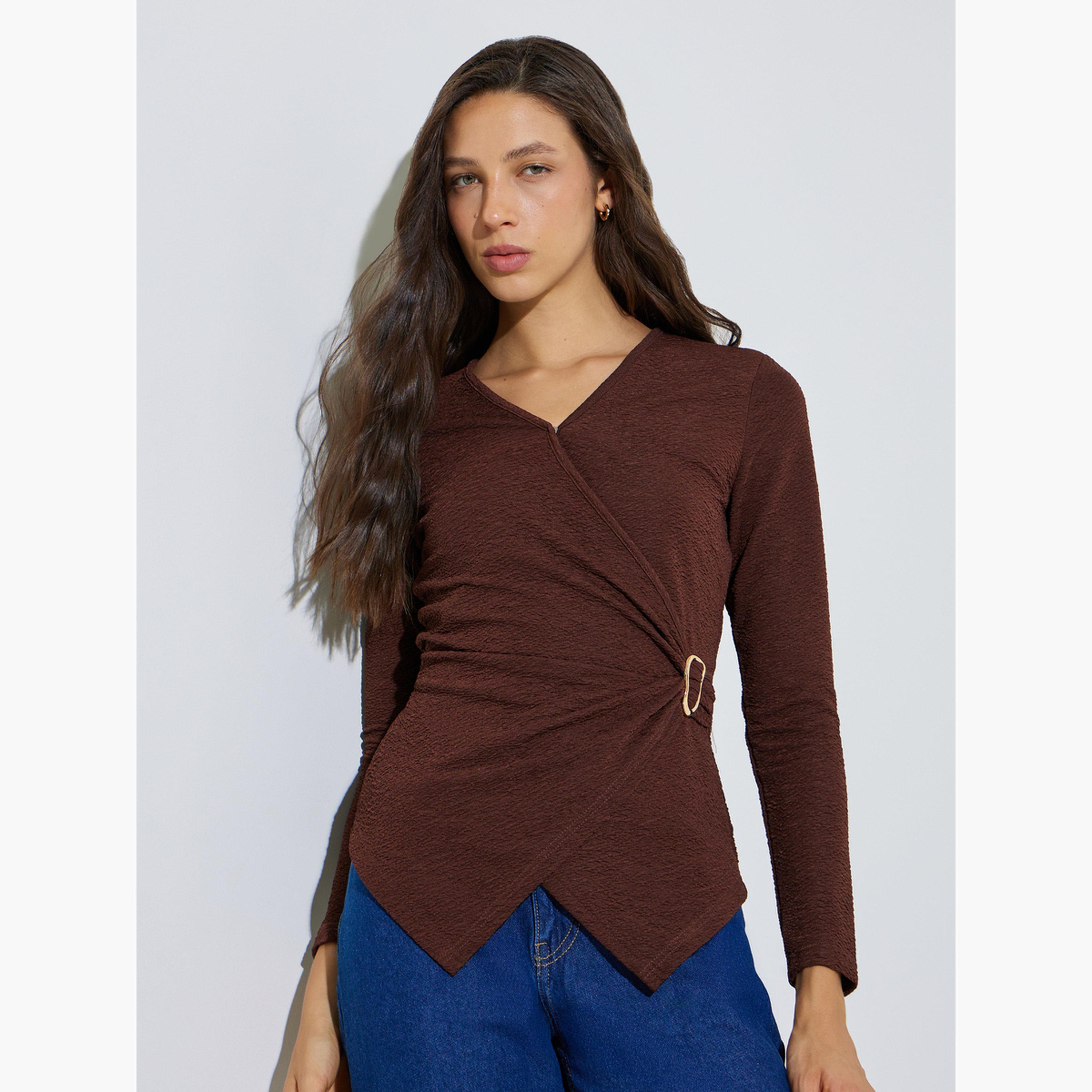 ستايلي - بلوزة بنية اللون محبوكة بنسيج ملفوف من الأمام-women-clothing-shirtsandblouses-blouses-image-1