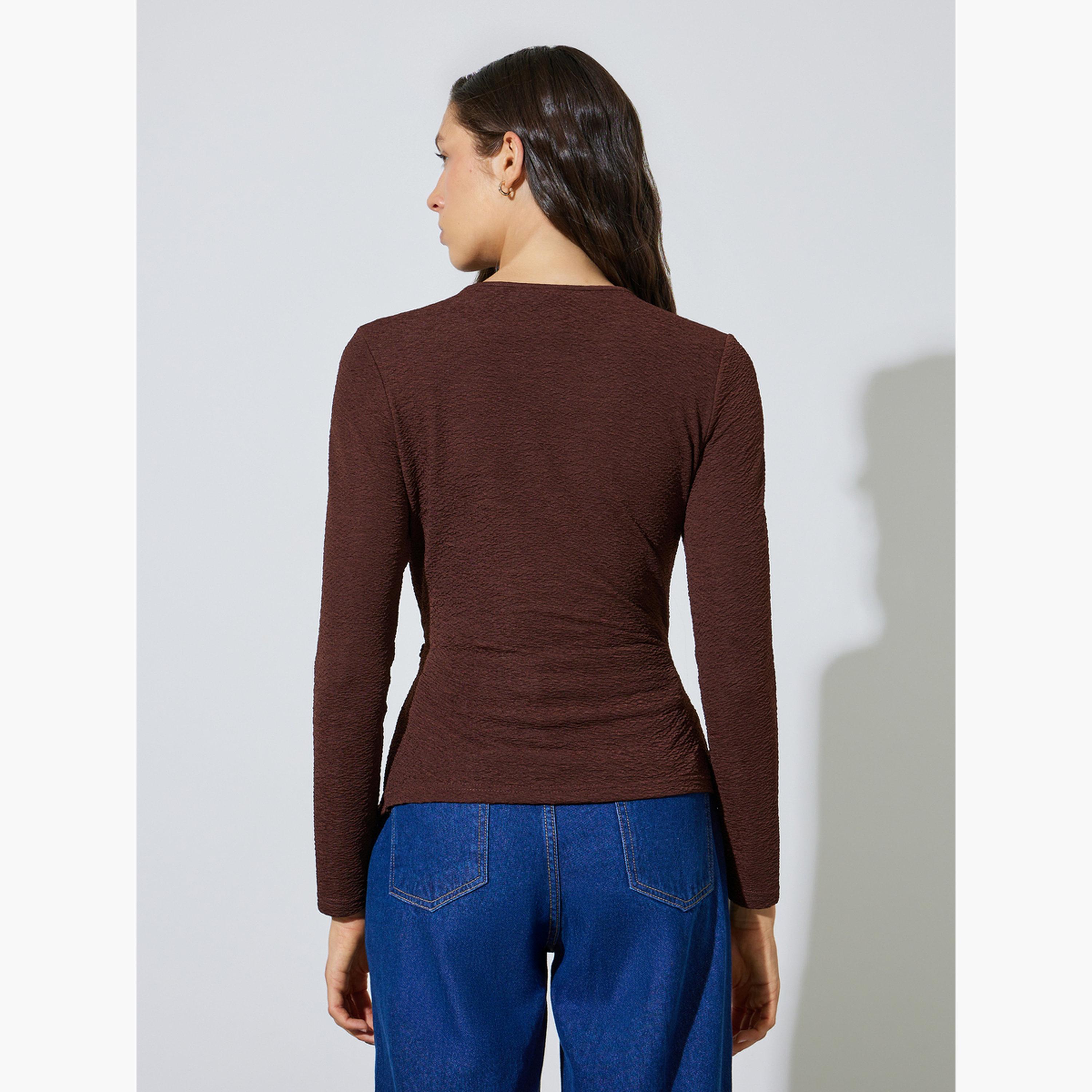 ستايلي - بلوزة بنية اللون محبوكة بنسيج ملفوف من الأمام-women-clothing-shirtsandblouses-blouses-image-3