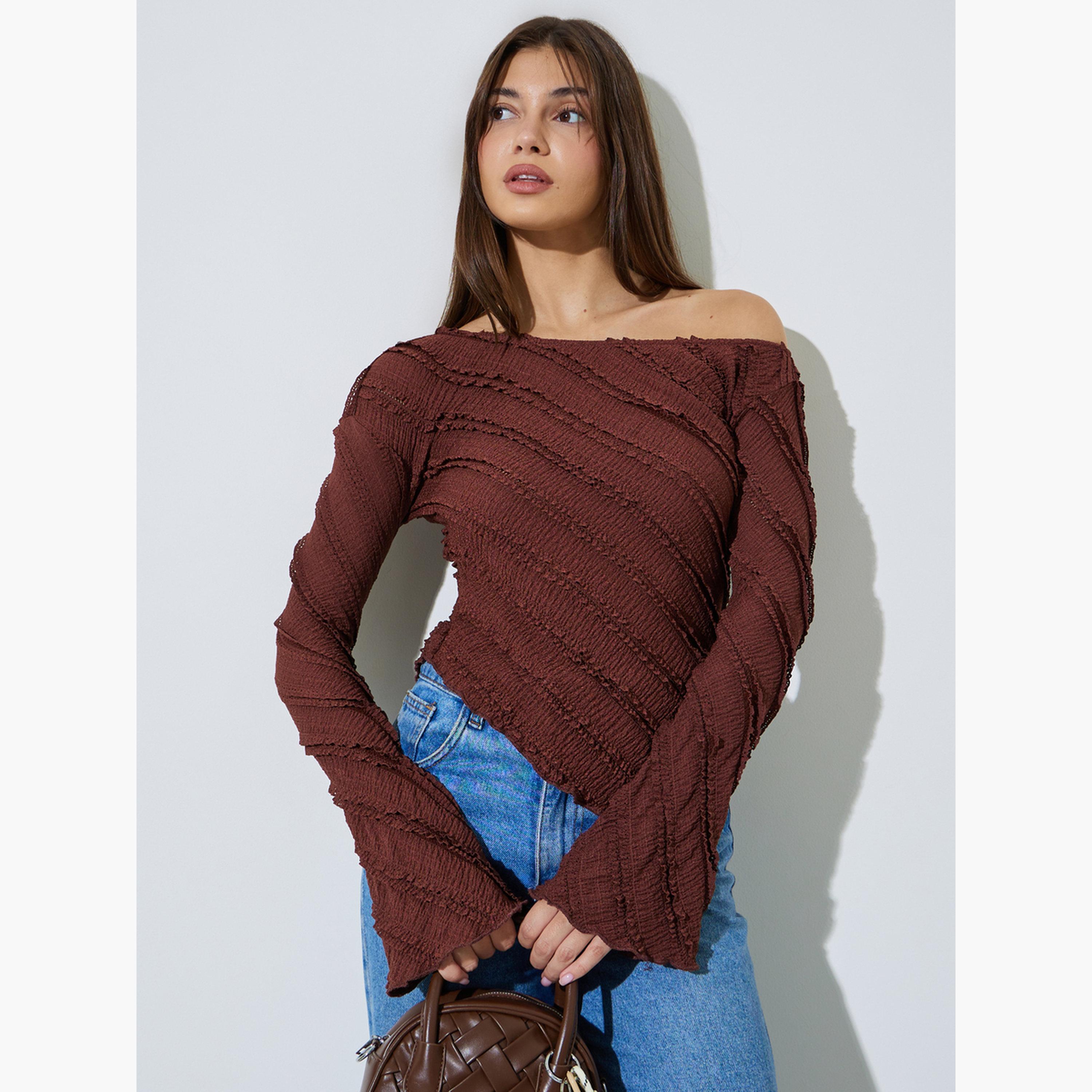 ستايلي - بلوزة بنية اللون محبوكة غير متماثلة ذات ملمس مميز-women-clothing-shirtsandblouses-blouses-image-1