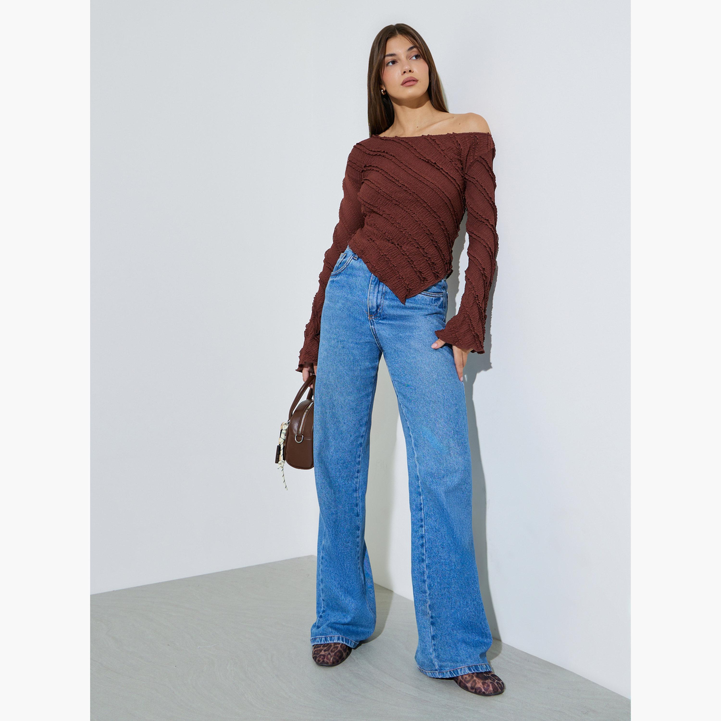 ستايلي - بلوزة بنية اللون محبوكة غير متماثلة ذات ملمس مميز-women-clothing-shirtsandblouses-blouses-image-2