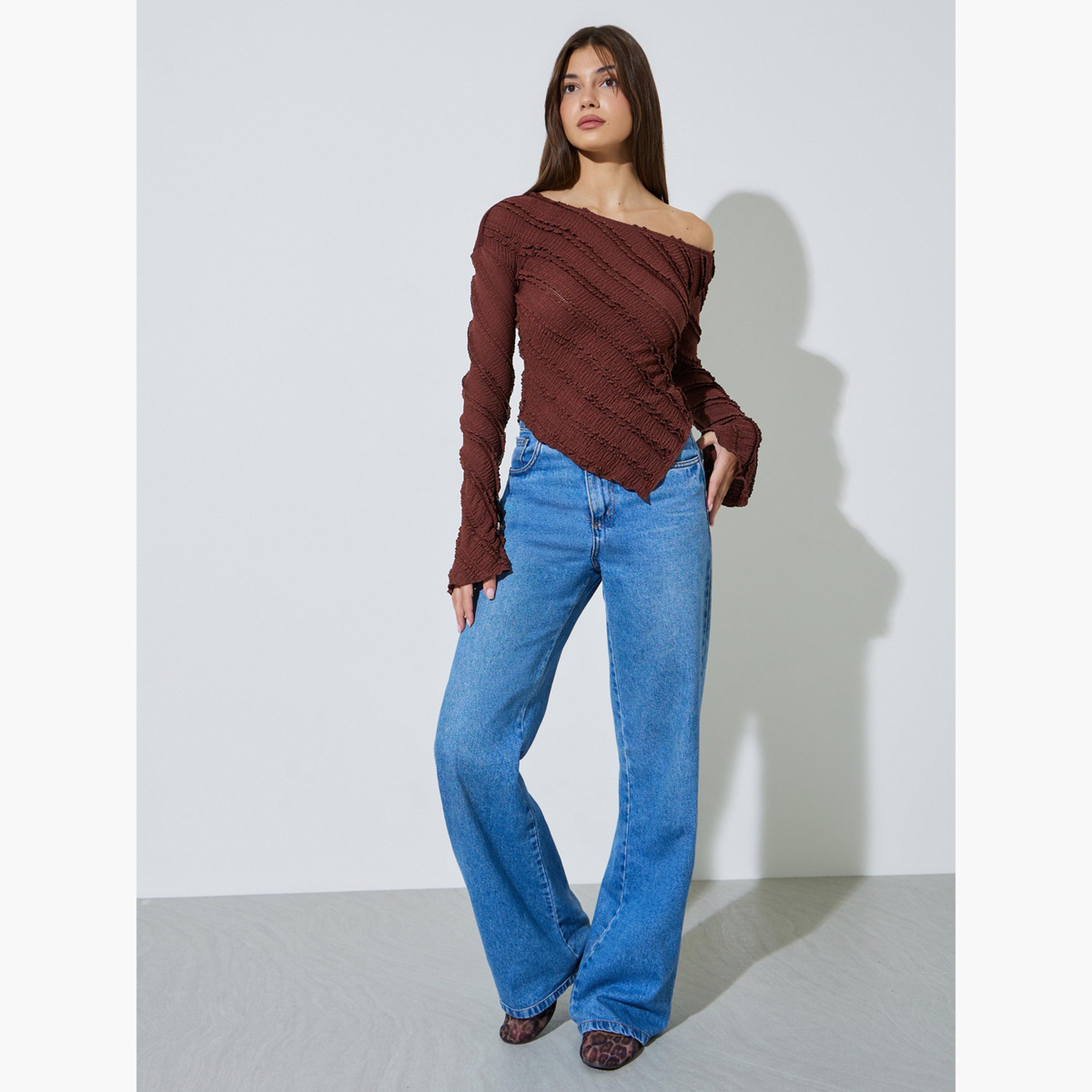 ستايلي - بلوزة بنية اللون محبوكة غير متماثلة ذات ملمس مميز-women-clothing-shirtsandblouses-blouses-image-3