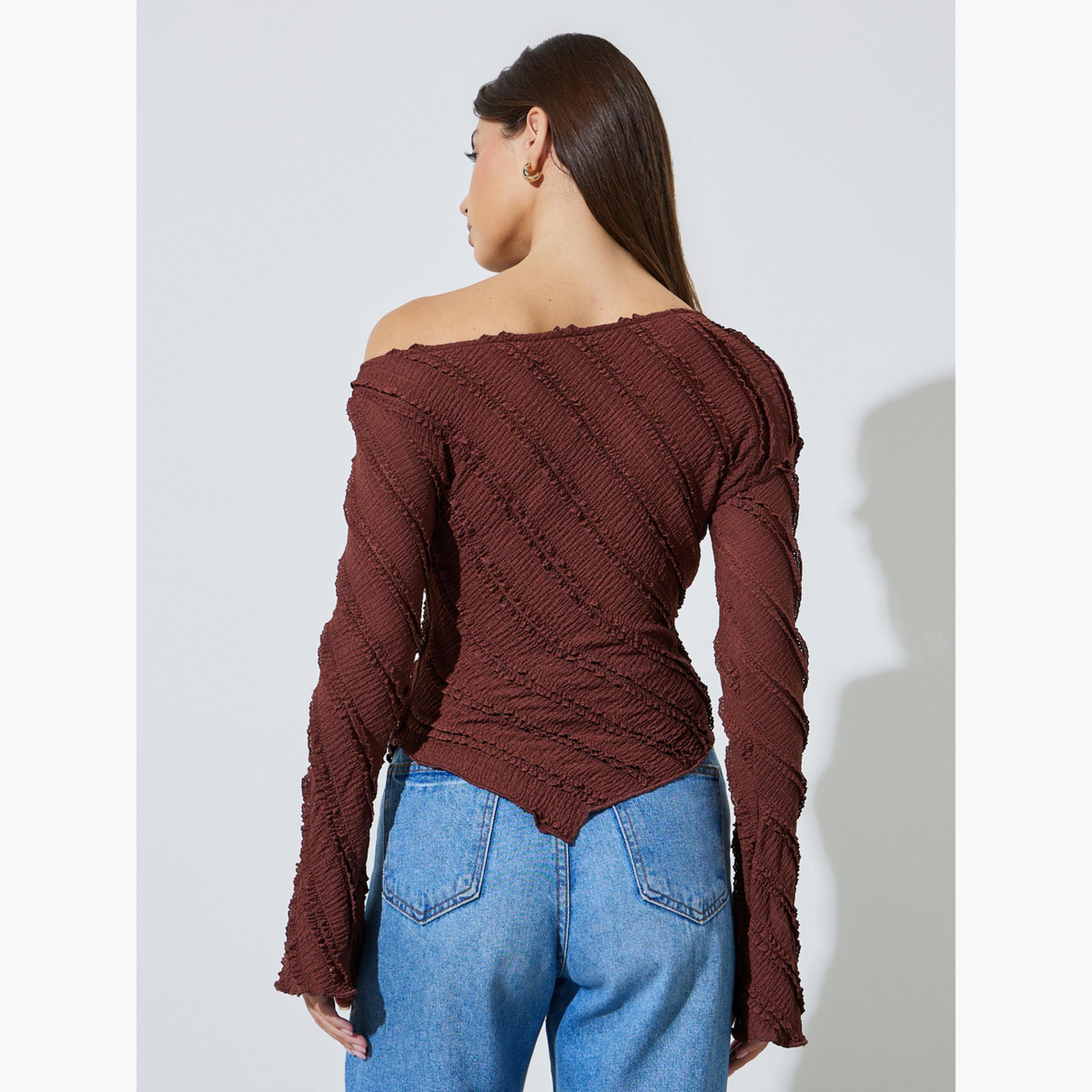 ستايلي - بلوزة بنية اللون محبوكة غير متماثلة ذات ملمس مميز-women-clothing-shirtsandblouses-blouses-image-4