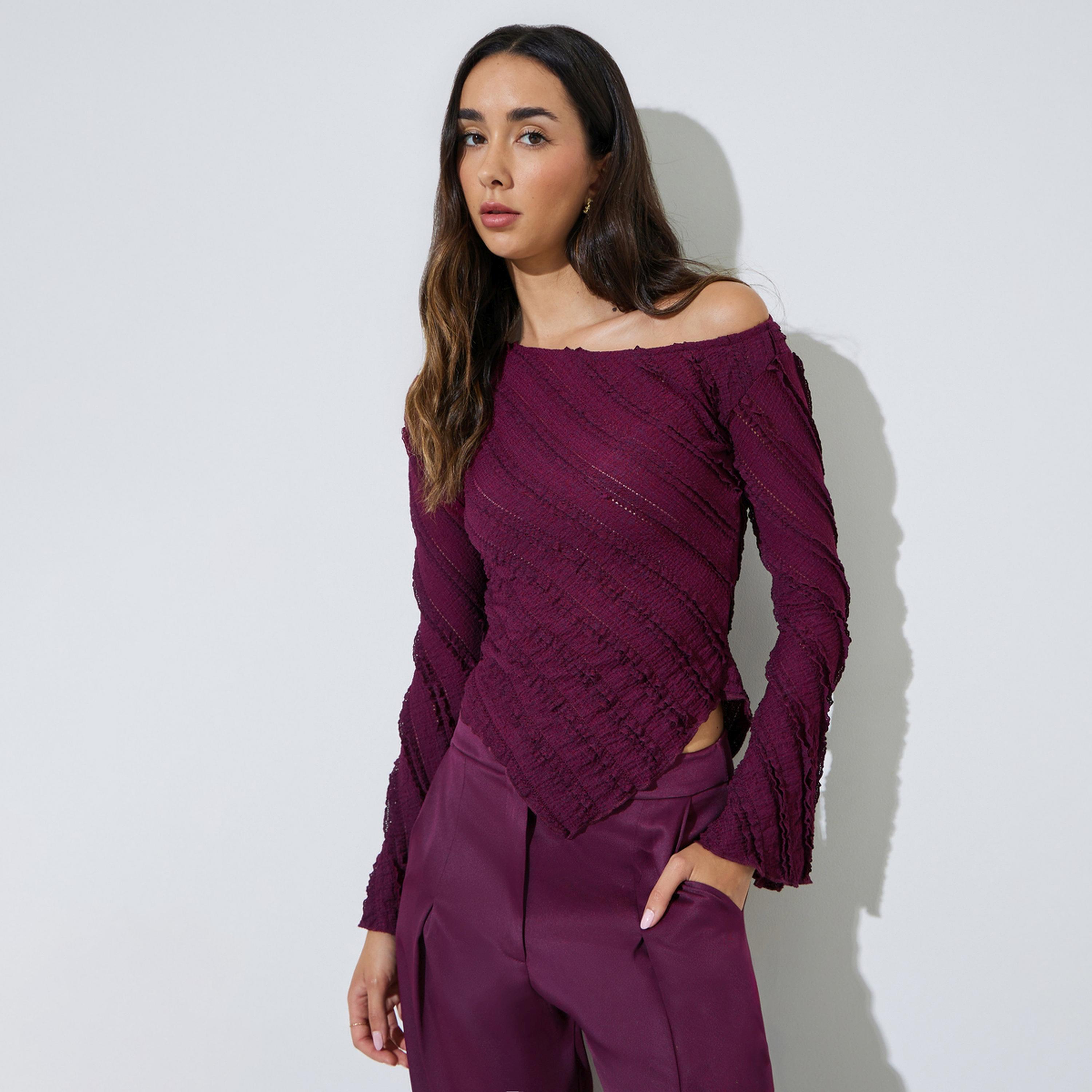 بلوزة محبوكة غير متماثلة وتفاصيل بارزة الملمس-women-clothing-shirtsandblouses-blouses-image-1