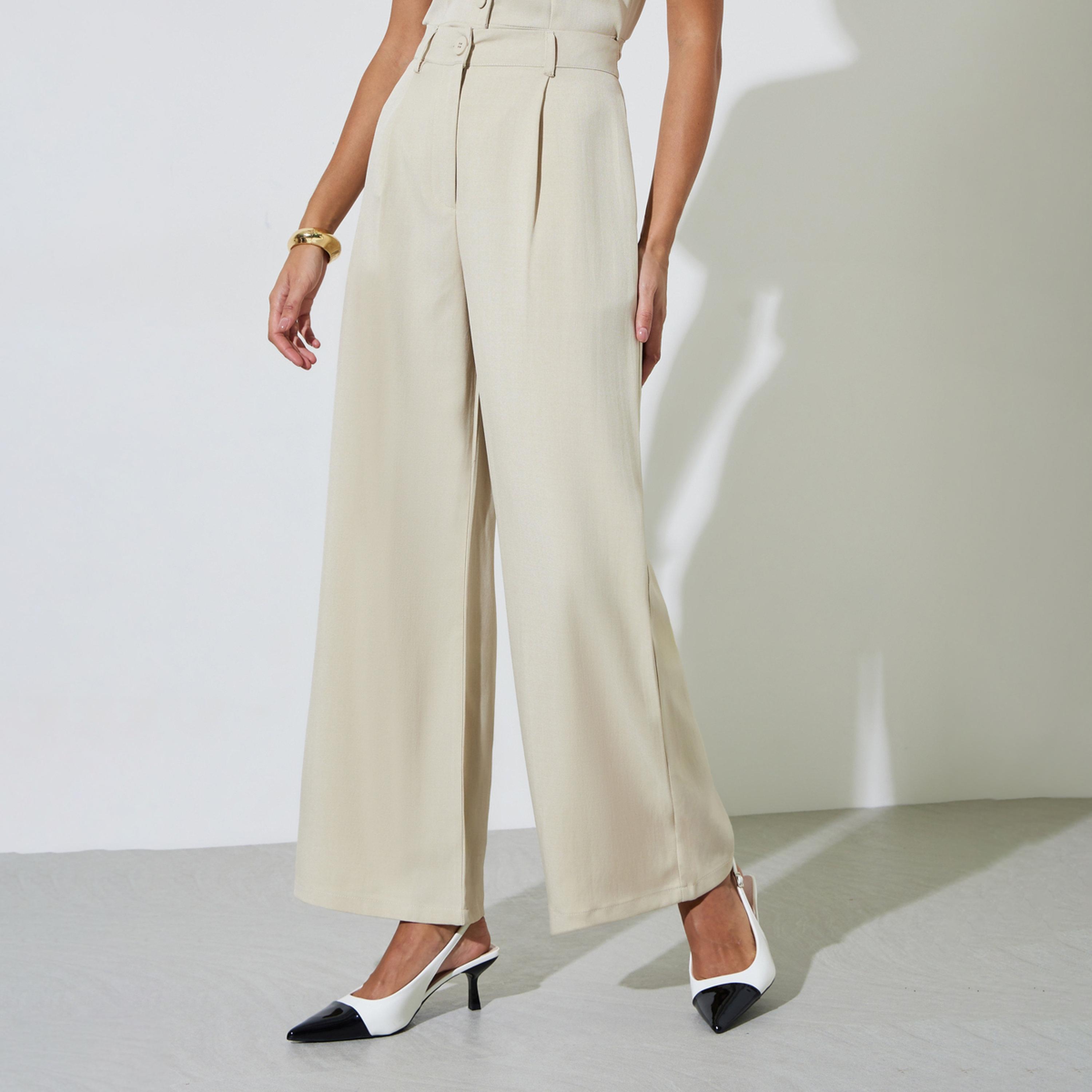 بنطال بأرجل واسعة وبكسرات بلون سادة لون بيج-women-clothing-bottoms-trousers-image-1
