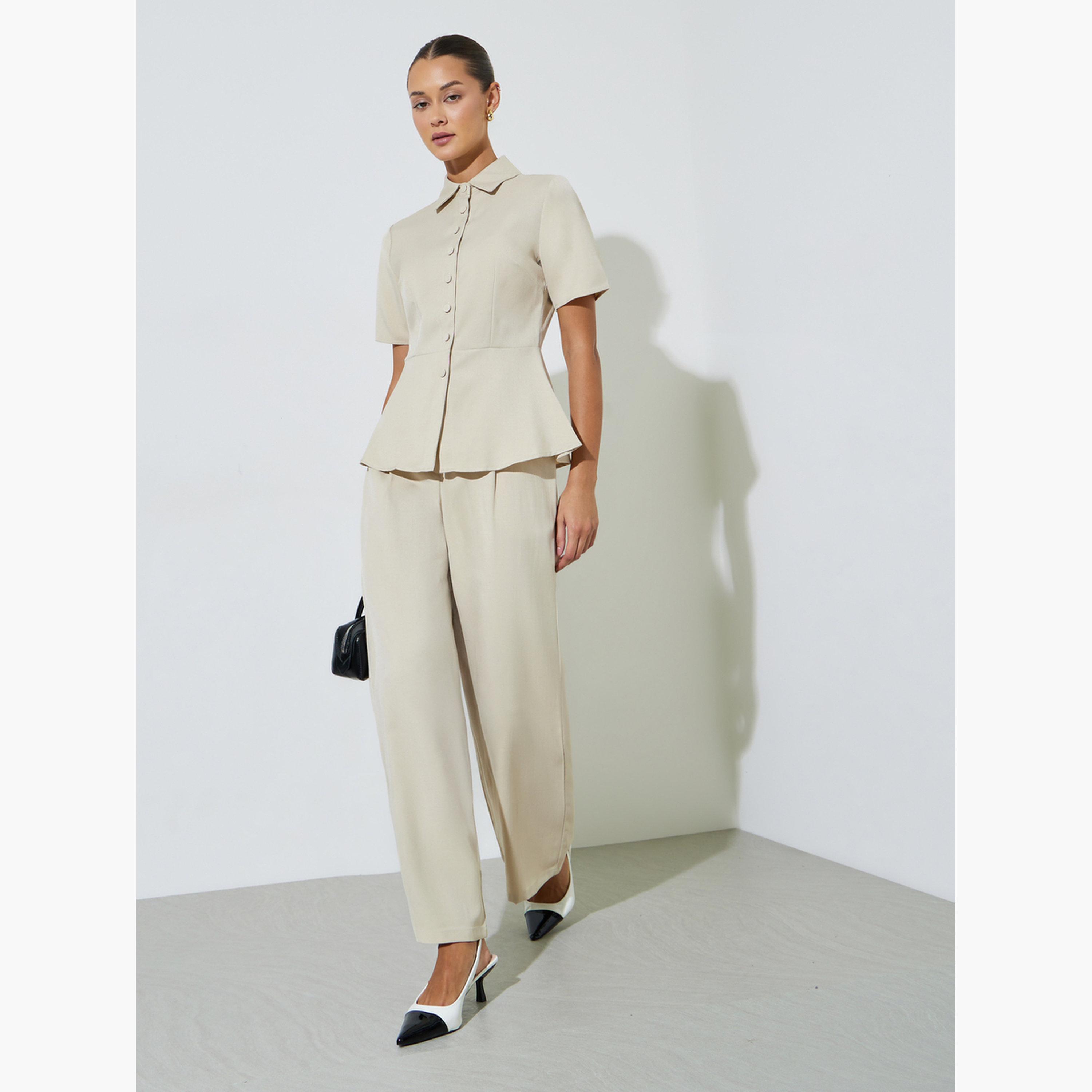 بنطال بأرجل واسعة وبكسرات بلون سادة لون بيج-women-clothing-bottoms-trousers-image-2
