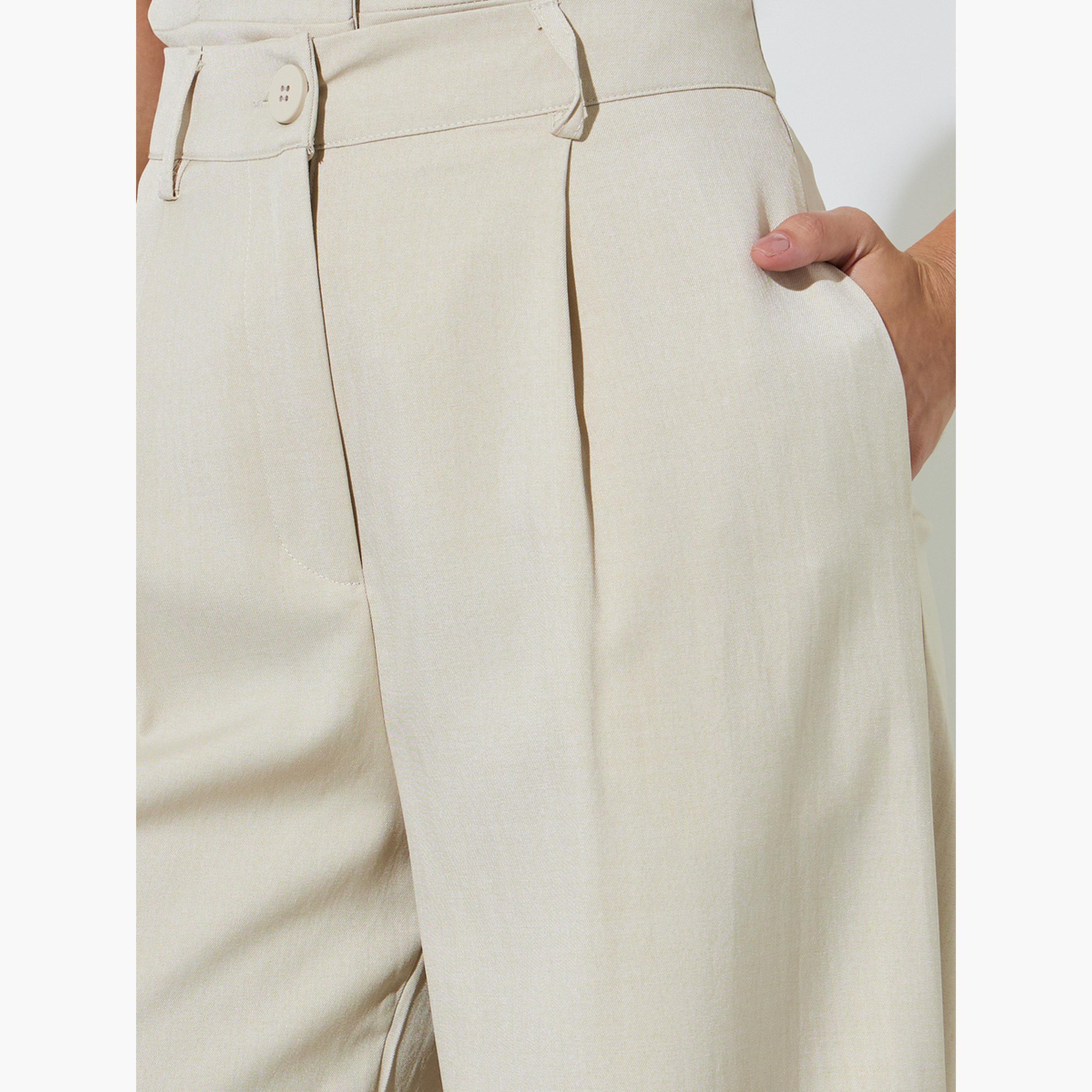 بنطال بأرجل واسعة وبكسرات بلون سادة لون بيج-women-clothing-bottoms-trousers-image-3