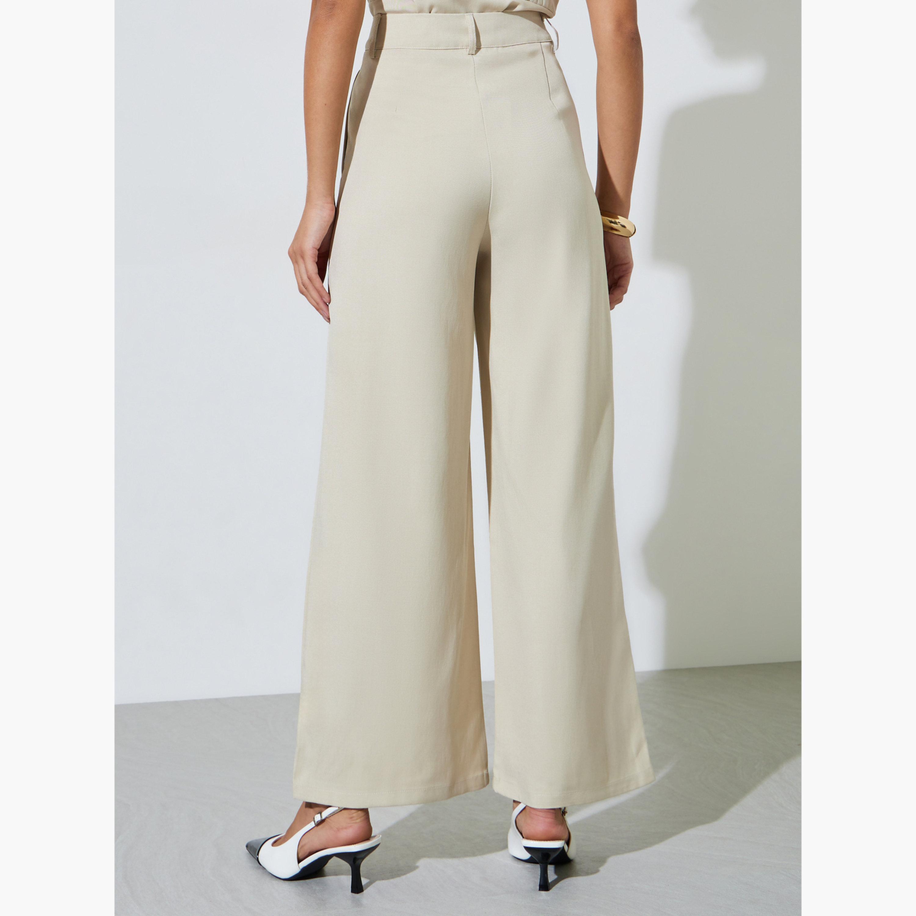 بنطال بأرجل واسعة وبكسرات بلون سادة لون بيج-women-clothing-bottoms-trousers-image-4