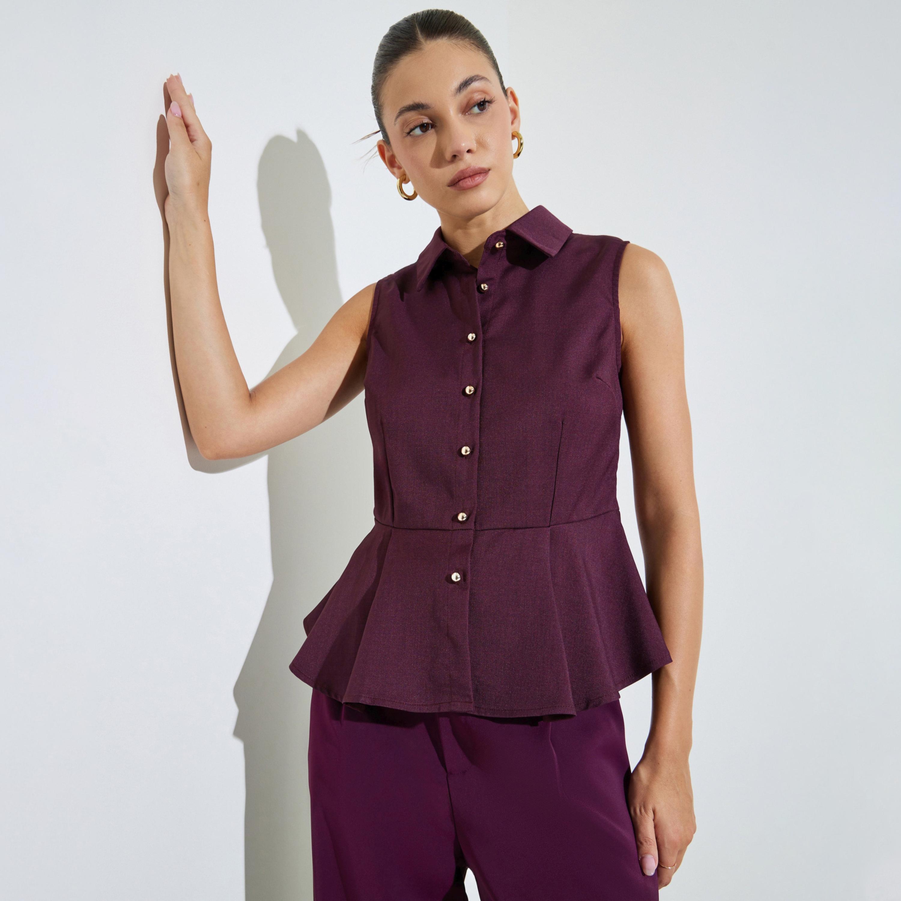 Styli Burgundy Solid Sleeveless Peplum Top with Collar-women-clothing-shirtsandblouses-blouses-image-1