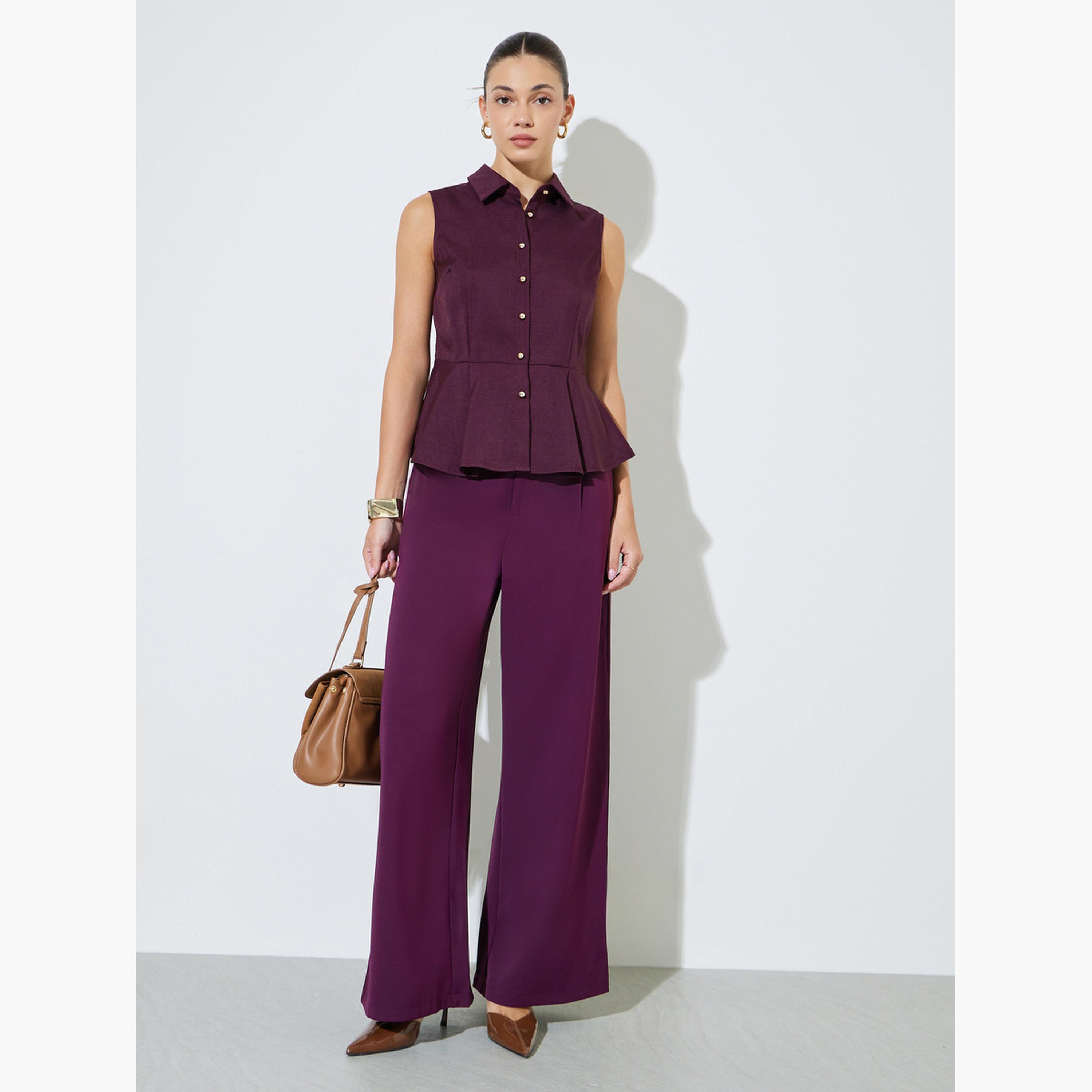 Styli Burgundy Solid Sleeveless Peplum Top with Collar-women-clothing-shirtsandblouses-blouses-image-2