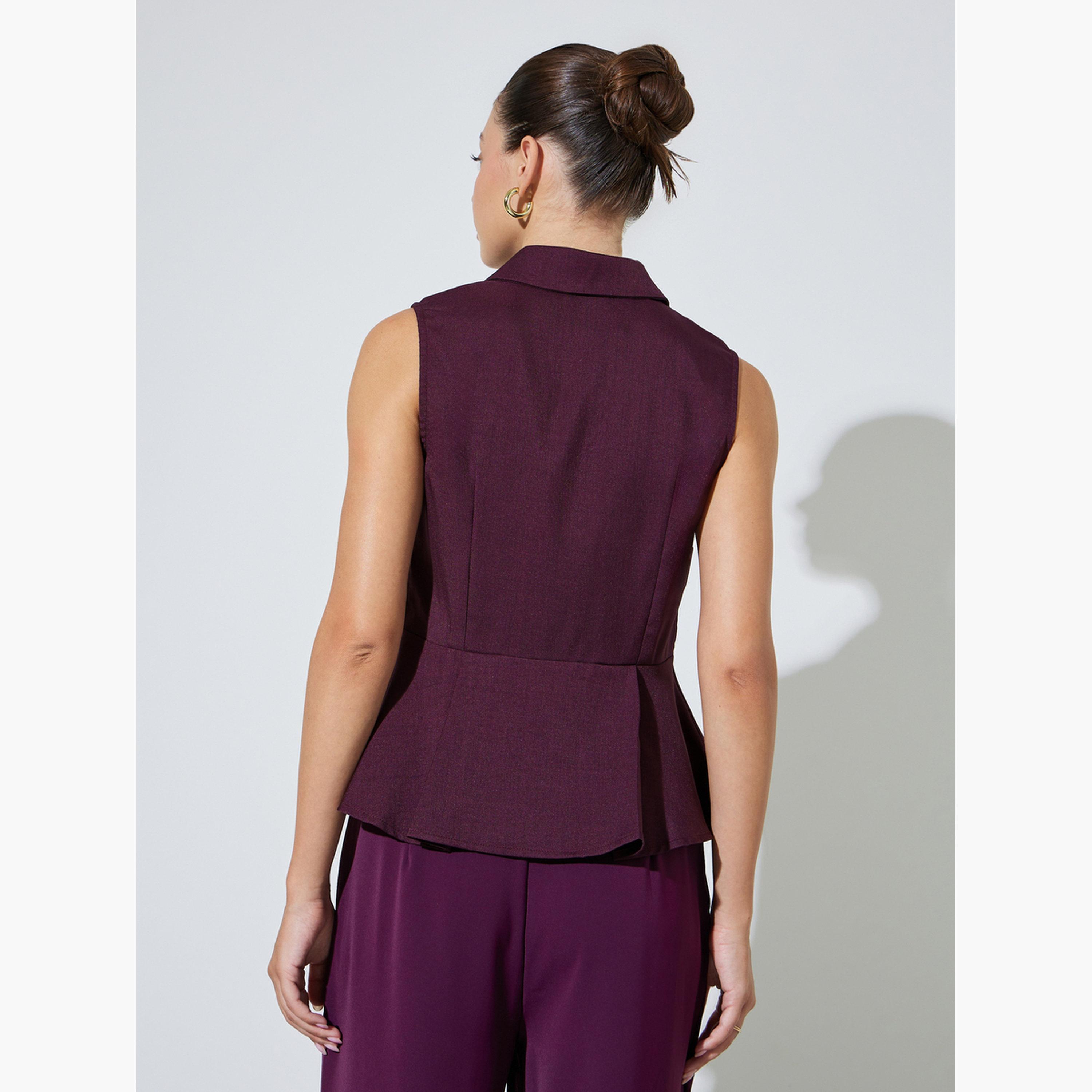 Styli Burgundy Solid Sleeveless Peplum Top with Collar-women-clothing-shirtsandblouses-blouses-image-3