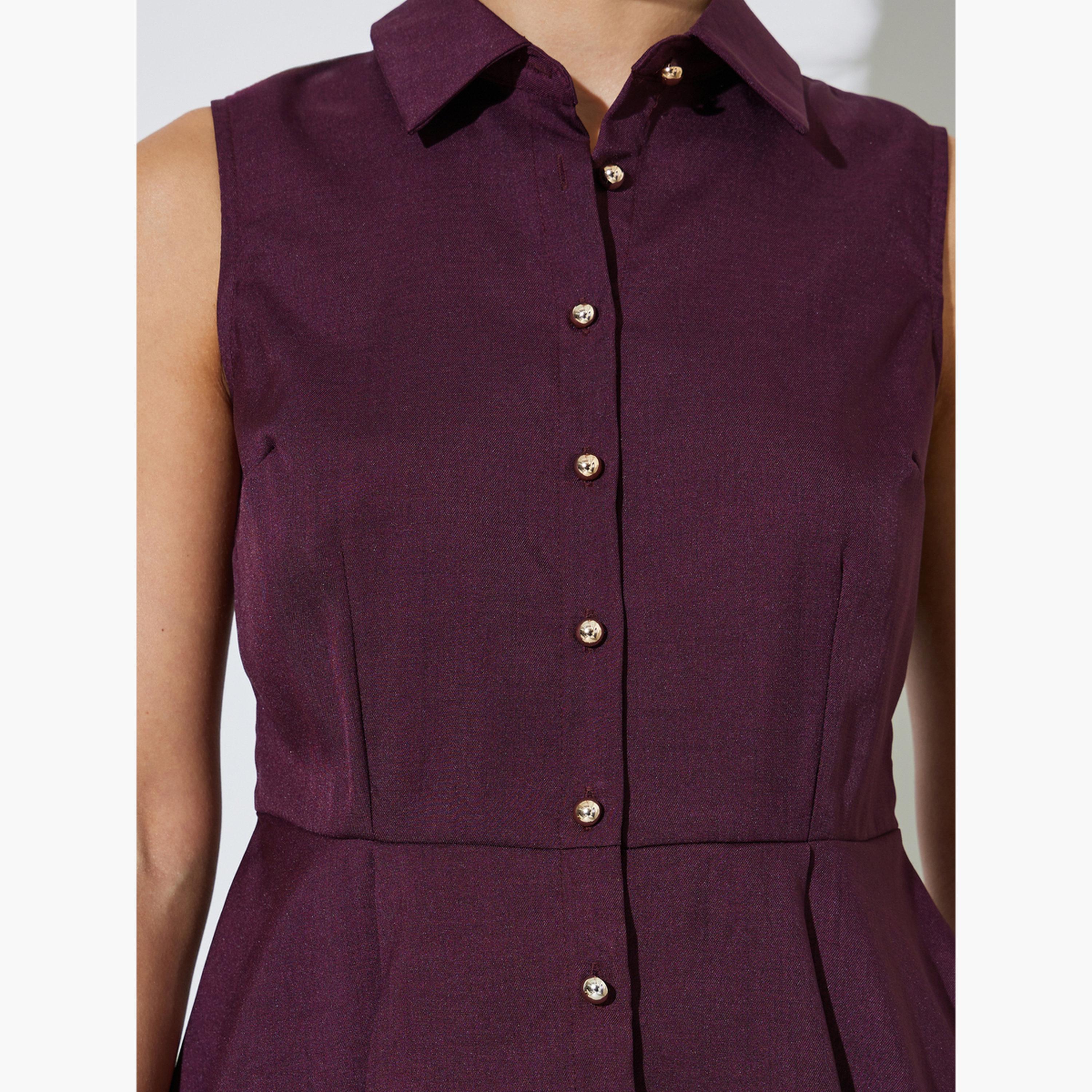 Styli Burgundy Solid Sleeveless Peplum Top with Collar-women-clothing-shirtsandblouses-blouses-image-4